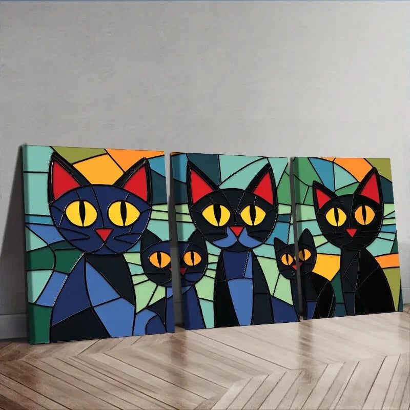 3-Piece Black Cats Family Wall Art Set - Framed Canvas 40x60cm (16x24in) - High Quality Print - Ready to Hang - Australian Made - Perfect for Living Room, Bedroom & Office Decor