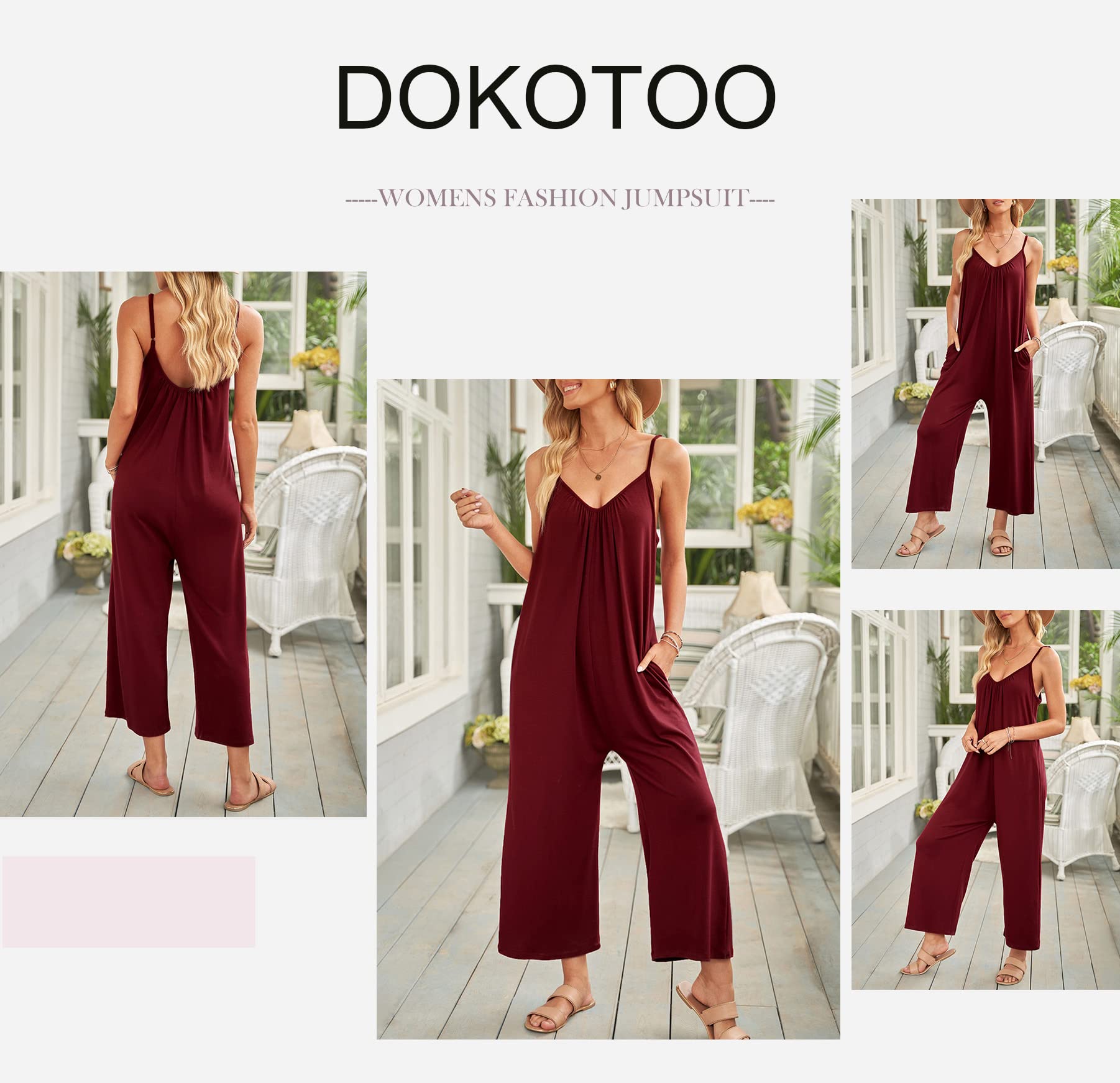 Dokotoo Women's Loose Sleeveless Jumpsuit - Adjustable Spaghetti Strap Stretchy Long Pant Romper with Pockets | Casual Summer Outfit, Beach Cover Up, Lounge Wear, Travel Jumpsuit
