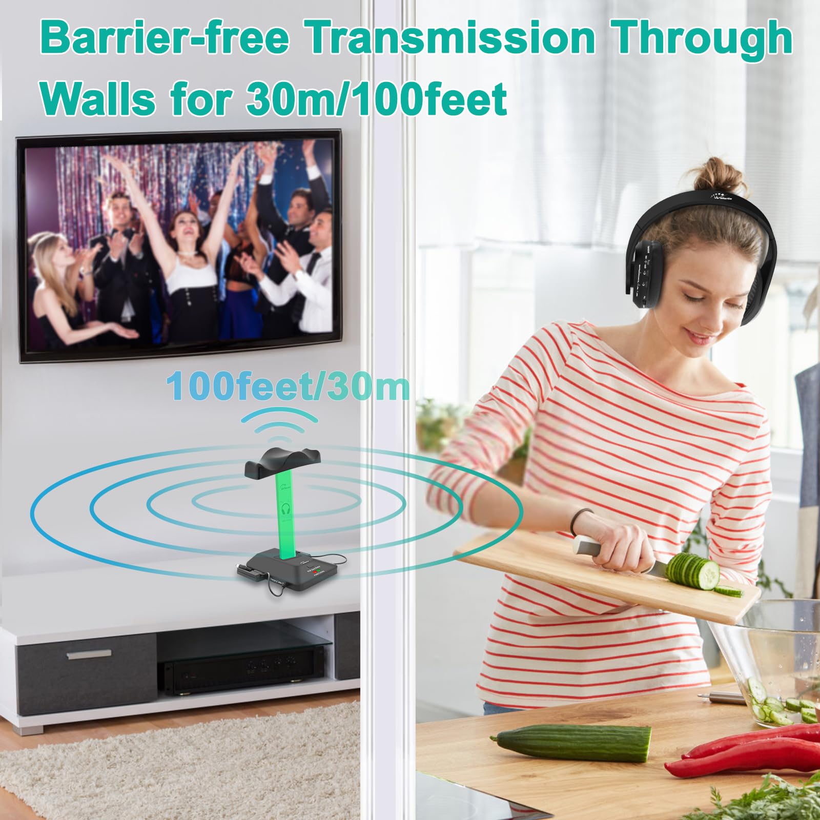 WallarGe Dual Wireless Headphones for TV Watching - RF Transmitter & Bluetooth Over-Ear Headset for Seniors, No Lip-Sync Delay, Plug & Play (Set of 2) - Perfect for Late-Night Viewing & Hearing Assistance