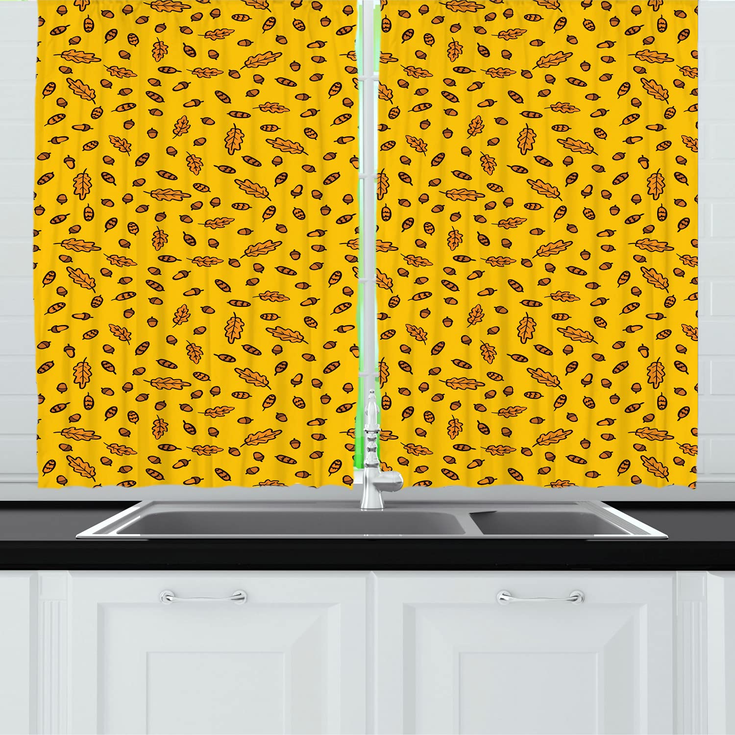Ambesonne Autumn Kitchen Curtains - Fall Leaves & Acorns Orange Sketch Print, 2 Panel Rod Pocket Drapes 55