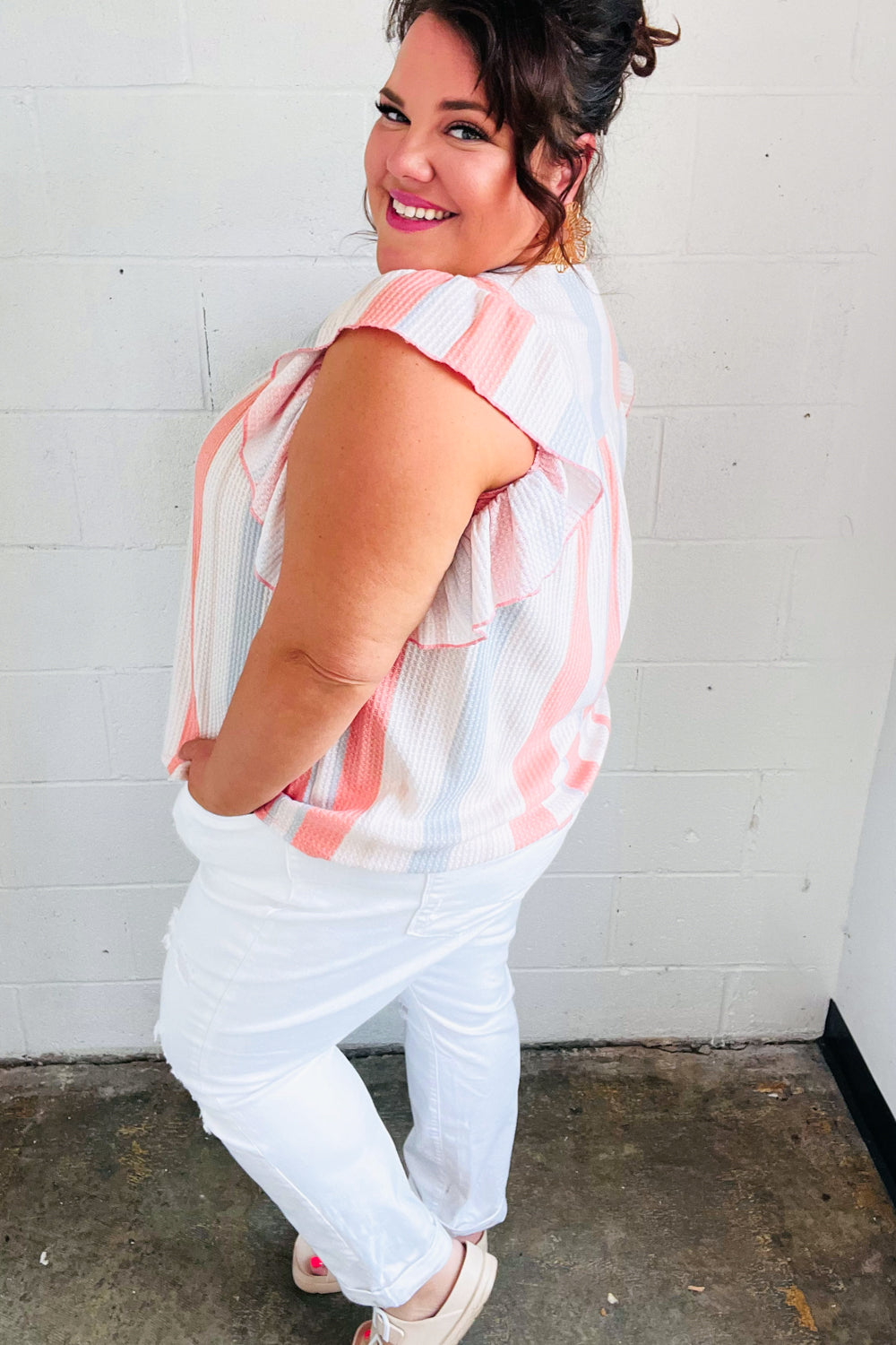 Coral & Light Blue Striped Waffle Knit Tie Neck Blouse - Women's Casual Summer Tops for Beach, Vacation & Date Night Outfits