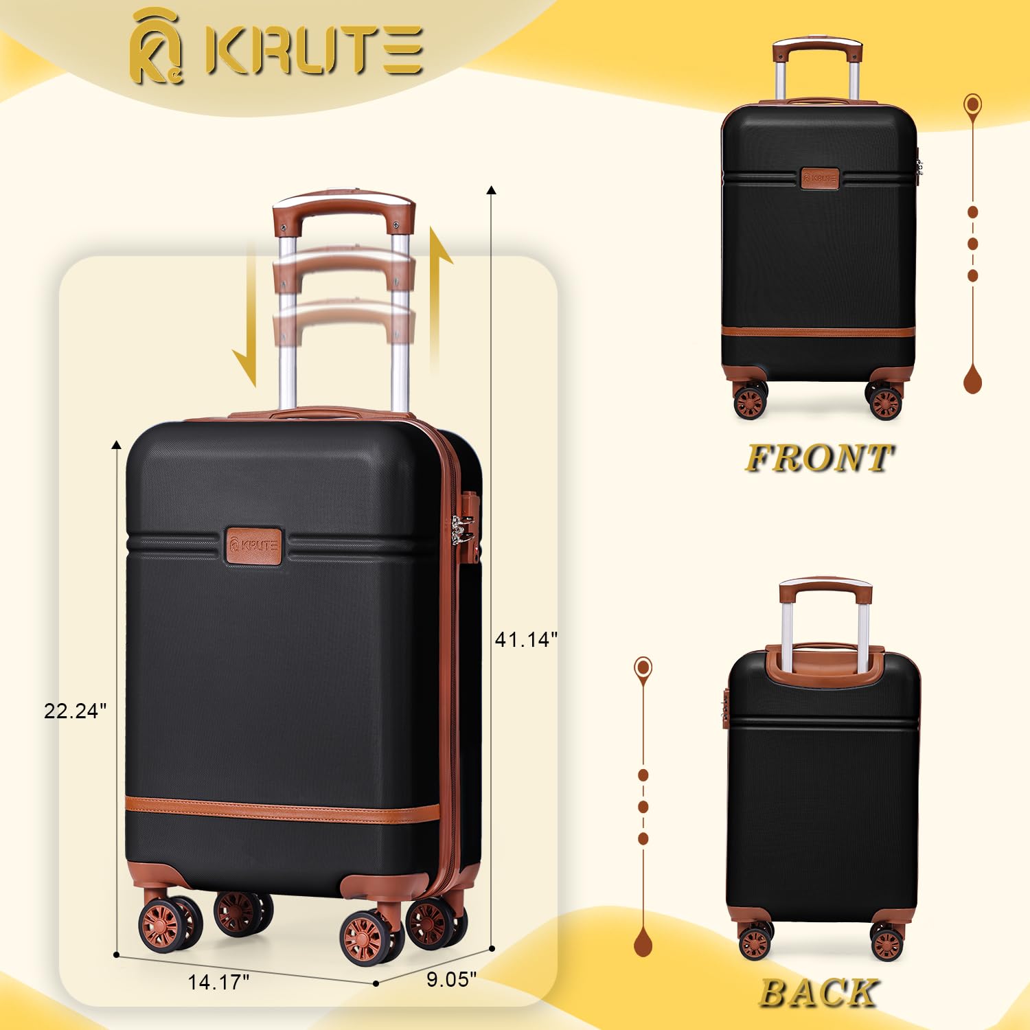 Krute 20in Carry On Luggage - Airline Approved Hard Shell Suitcase with 360° Spinner Wheels, TSA Lock & PC+ABS Material (22x14x9 inches) - Perfect for Business Travel & Weekend Getaways