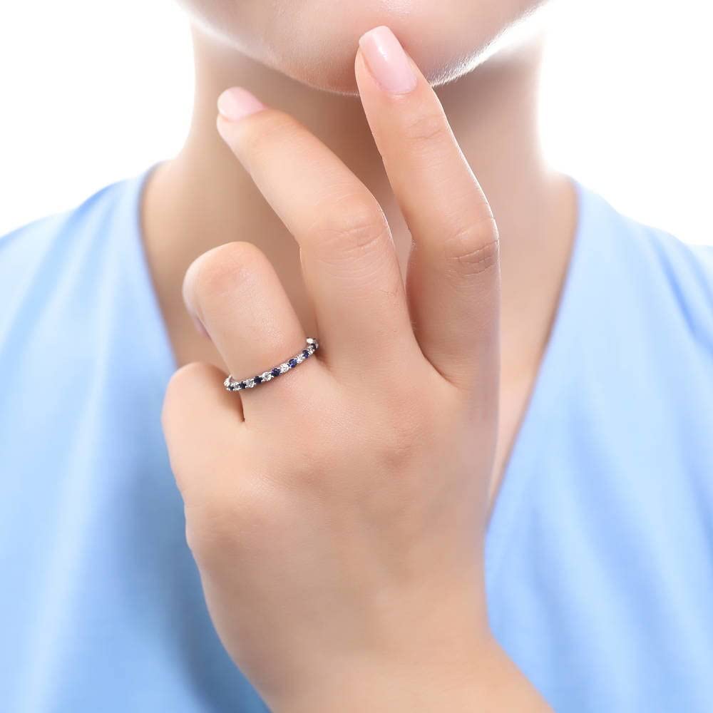 Sterling Silver Women's Wedding Ring with Simulated Blue Sapphire & Cubic Zirconia - Round Cut Pave Setting, Rhodium Plated Size 4-10 - Perfect for Anniversaries, Engagements & Special Occasions