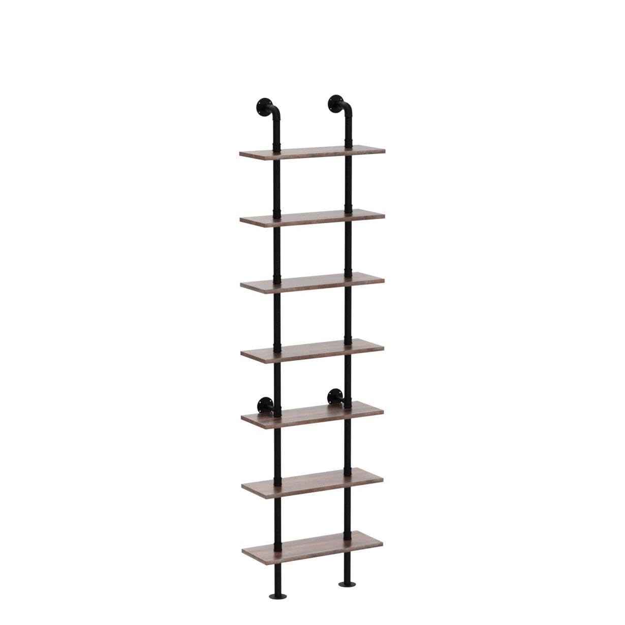 HOMBAZAAR 7-Tier Industrial Pipe Bookshelf - Wall Mounted Ladder Shelf with Sturdy Metal Frame for Home Office & Living Room - Rustic Oak Brown - Perfect for Small Spaces, Book Storage & Home Decor
