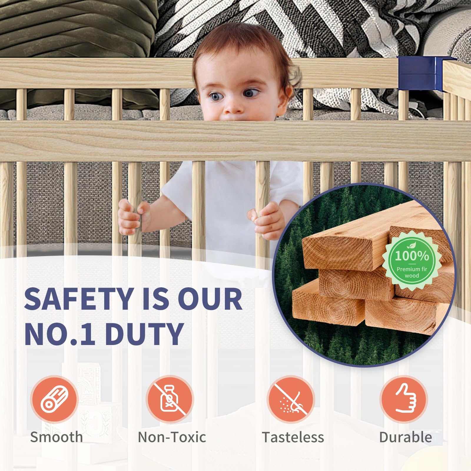 Extra Large Wooden Baby Playpen with Safety Gate - 78.7