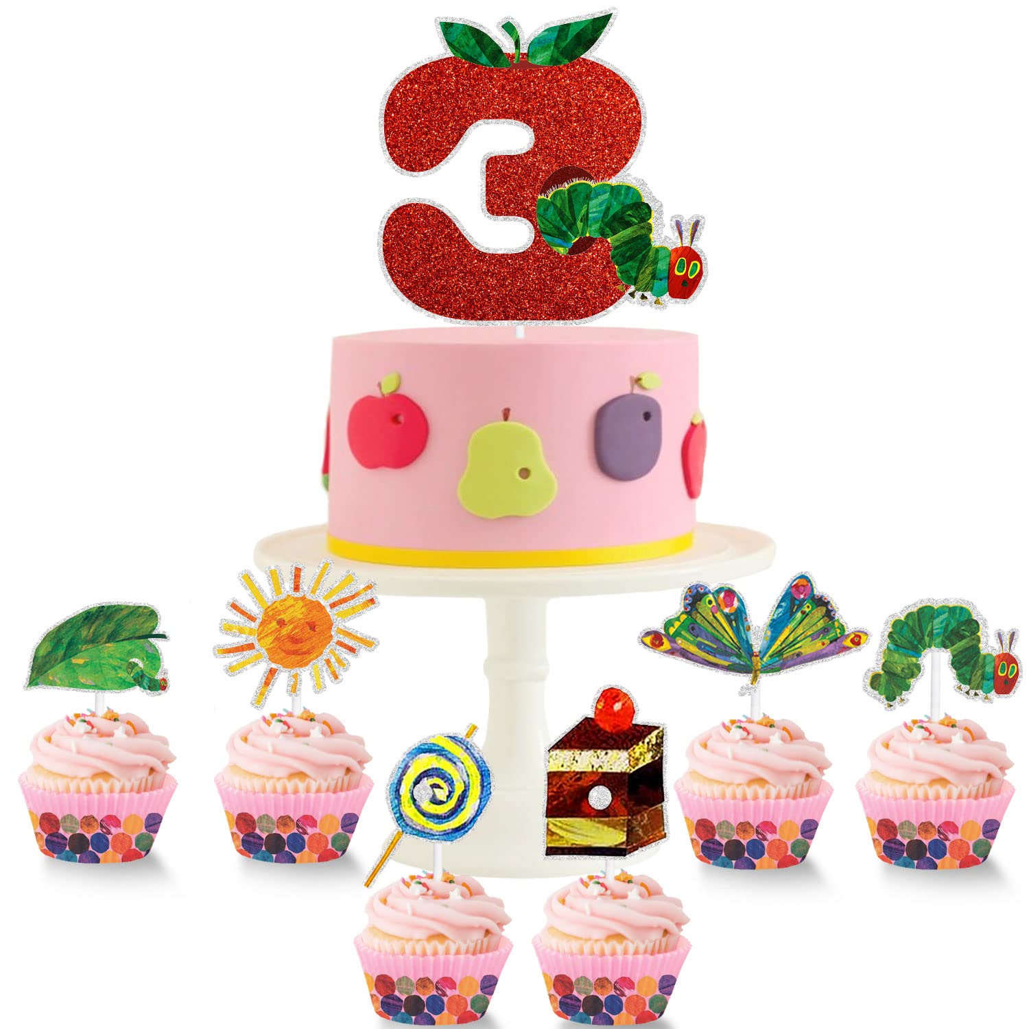 Glitter Fairy Tale Themed Caterpillar Cake Topper - Kids Birthday Party Decorations for Boys & Girls - 3rd Birthday Cake Decoration Supplies - Perfect for Baby Showers, Themed Parties & Special Celebrations