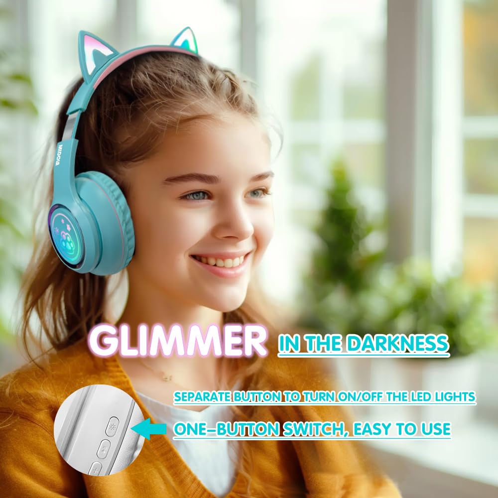 **MIDOLA Cat Ear Wireless Bluetooth Headphones 5.3 with LED Lights - 60H Playtime, Foldable Over-Ear Gaming Headset with Mic for PC, Laptop, Tablet, Phone - Perfect for Gaming, Music & Streaming (Cyan)**