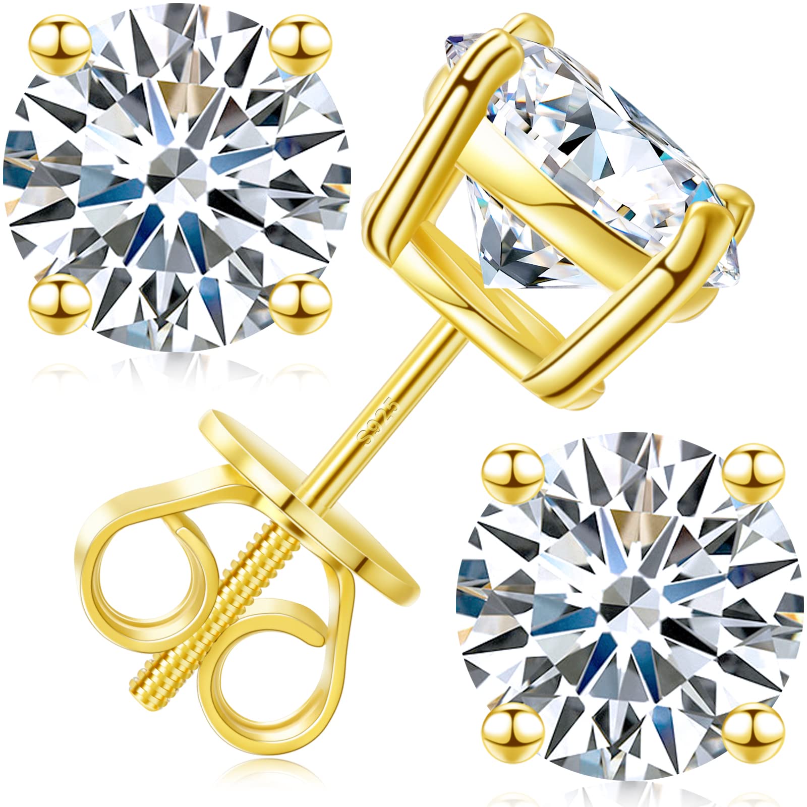 Lab-Created Moissanite Stud Earrings 0.2CT-8.0CT - 18K Gold Plated/S925 Sterling Silver - Round Cut D Color VVS1 Clarity - Screw Back for Secure Fit - Perfect Gift for Women, Girls & Men - Ideal for Weddings, Anniversaries & Everyday Elegance