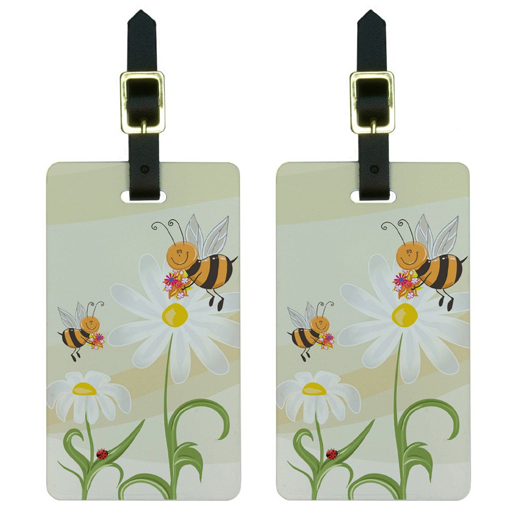 Bumble Bees and Ladybugs on Daisies Luggage Tags - Set of 2 Cute Floral Suitcase ID Tags for Travel Accessories | Perfect for Kids Backpacks, Carry-Ons & Checked Bags