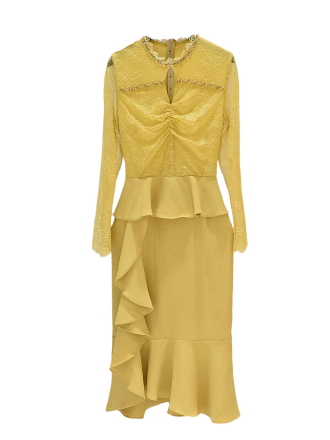 Elegant Yellow Lace Beaded Ruffled Maxi Dress for Women - Spring 2022 Fashion - Perfect for Weddings, Parties & Special Occasions