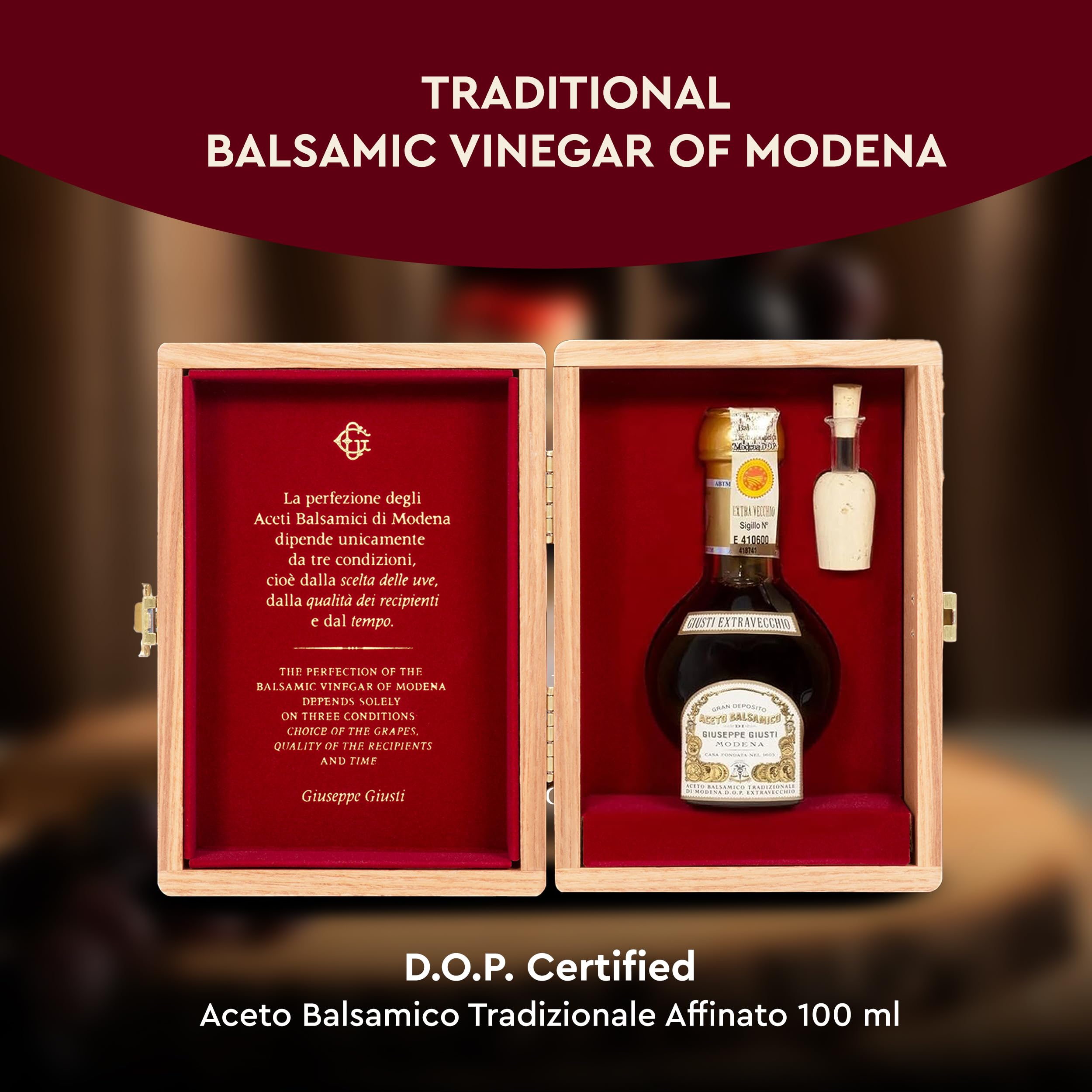 Premium Giusti 25-Year Aged Traditional Balsamic Vinegar of Modena DOP - Extra Vecchio Grade - Imported from Italy - Engraved Wooden Gift Box - Perfect for Gourmet Cooking, Salads & Luxury Gifts