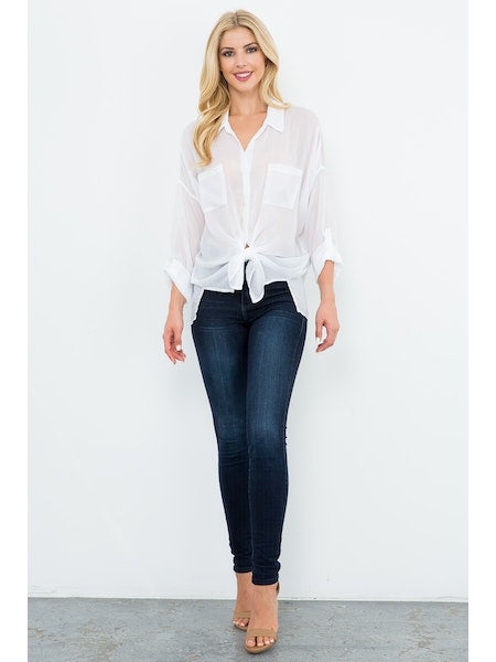 Stylish Women's Cargo Pocket Tie Front T-Shirt in Optic White - Casual Streetwear & Summer Outfit Essential
