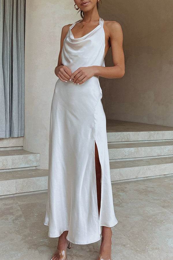Elegant Swan Backless Lace-Up Maxi Dress with High Slit & Zipper - Perfect for Evening Parties, Weddings & Special Occasions
