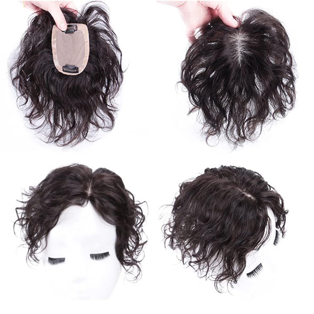 Maery 5x3 Full Handmade Silk Base 100% Real Human Hair Topper for Women with Thinning Hair - Curly Wavy Clip-in Hairpiece for Gray Coverage & Hairline (7