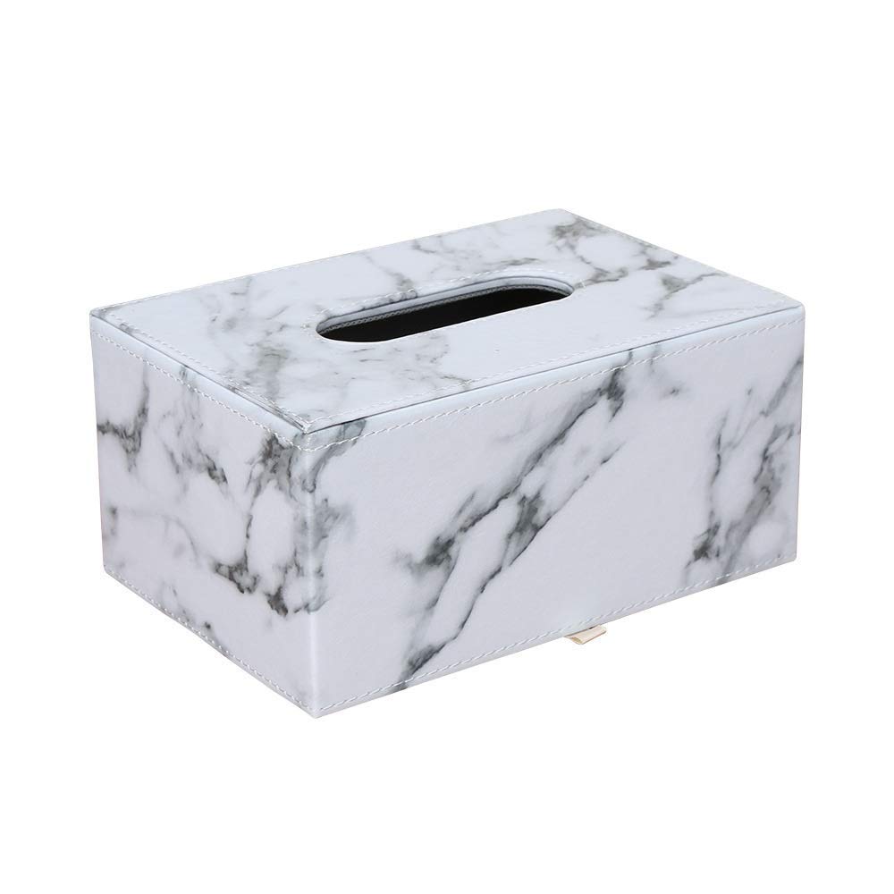 PU Leather Tissue Box Cover - Dustproof Rectangular Napkin Holder for Home & Office | White Marble Design | Decorative Tissue Dispenser Case for Living Room, Bedroom & Desk Organization