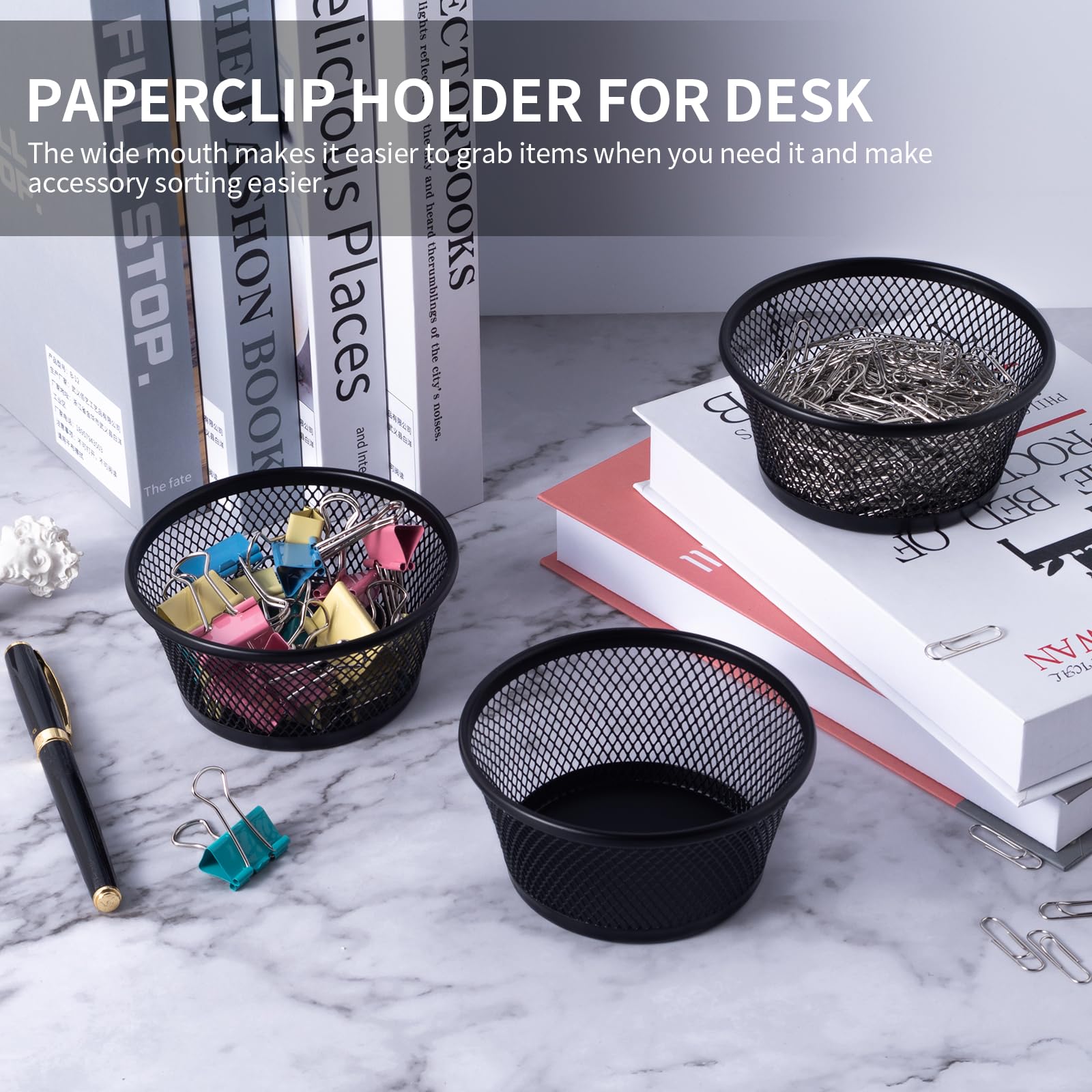 SLSON 6-Pack Black Wire Mesh Paper Clip Holder - Round Desktop Organizer for Office Supplies, Paperclips & Small Accessories | Perfect for Desk Organization & School Stationery Storage
