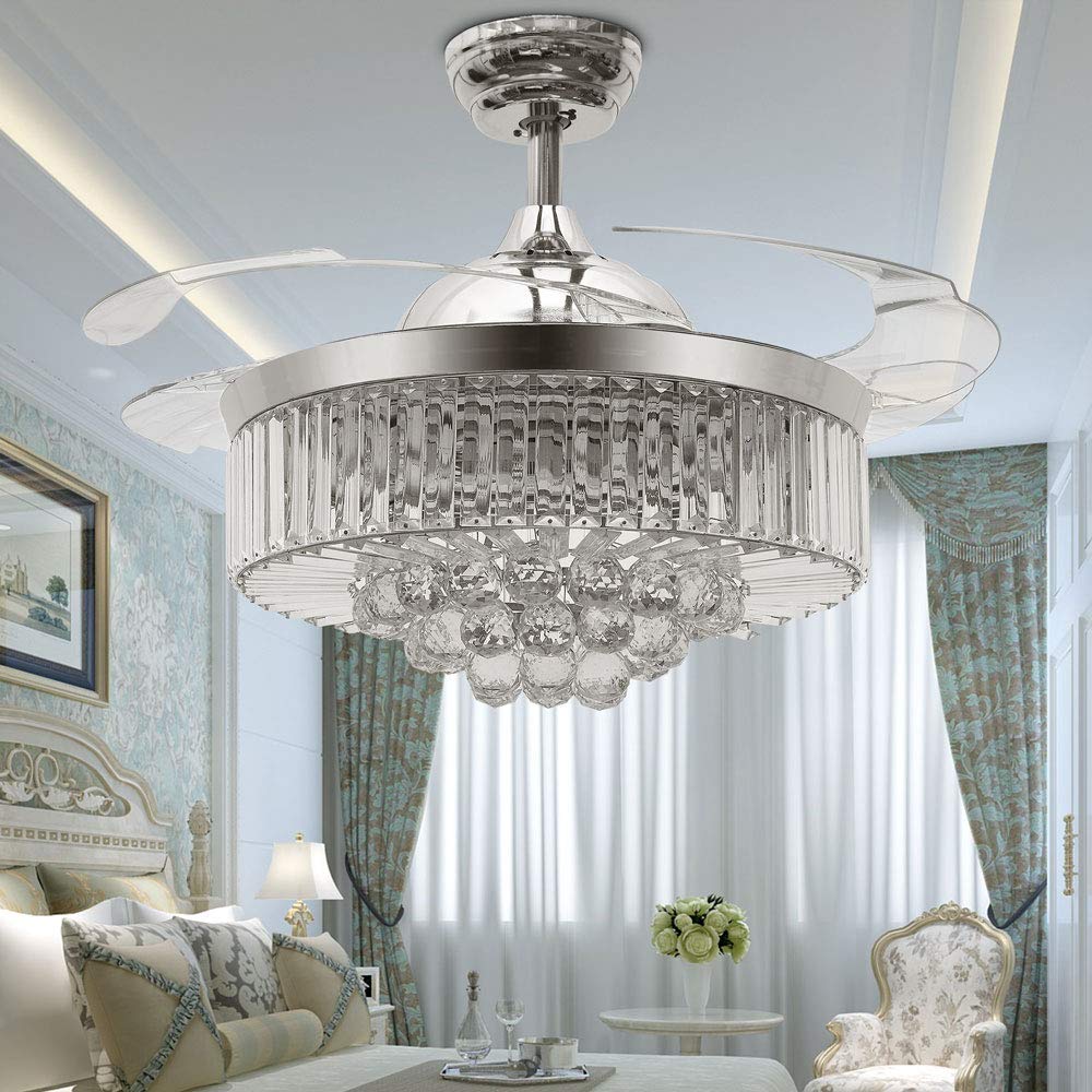 36 Inch Invisible Ceiling Fan with Remote Control - 6 Speed Adjustable Retractable Blades & Color Changing LED Lights - Modern Chandelier Style for Bedroom, Living Room & Indoor Spaces (Chrome-03) - Perfect for Home Cooling and Ambient Lighting