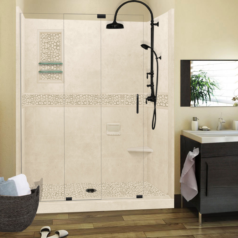 60 Alcove Desert Sand Sistine Stone & Pebble Stone Shower Wall Tile Accent Kit - DIY Shower Remodel for Bathroom Renovation - Perfect for Spa-Like Shower Upgrades and Modern Bathroom Designs
