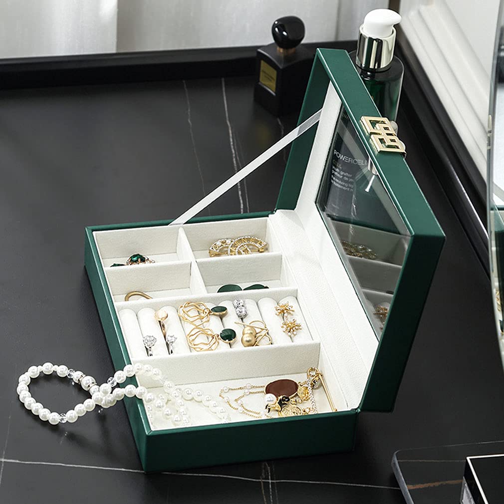 Elegant Green Leather Jewelry Box Organizer with Clear Lid - Perfect Storage for Rings, Earrings, Necklaces, Bracelets & Watches | Ideal Gift for Women & Girls | Great for Travel, Home Decor & Jewelry Display