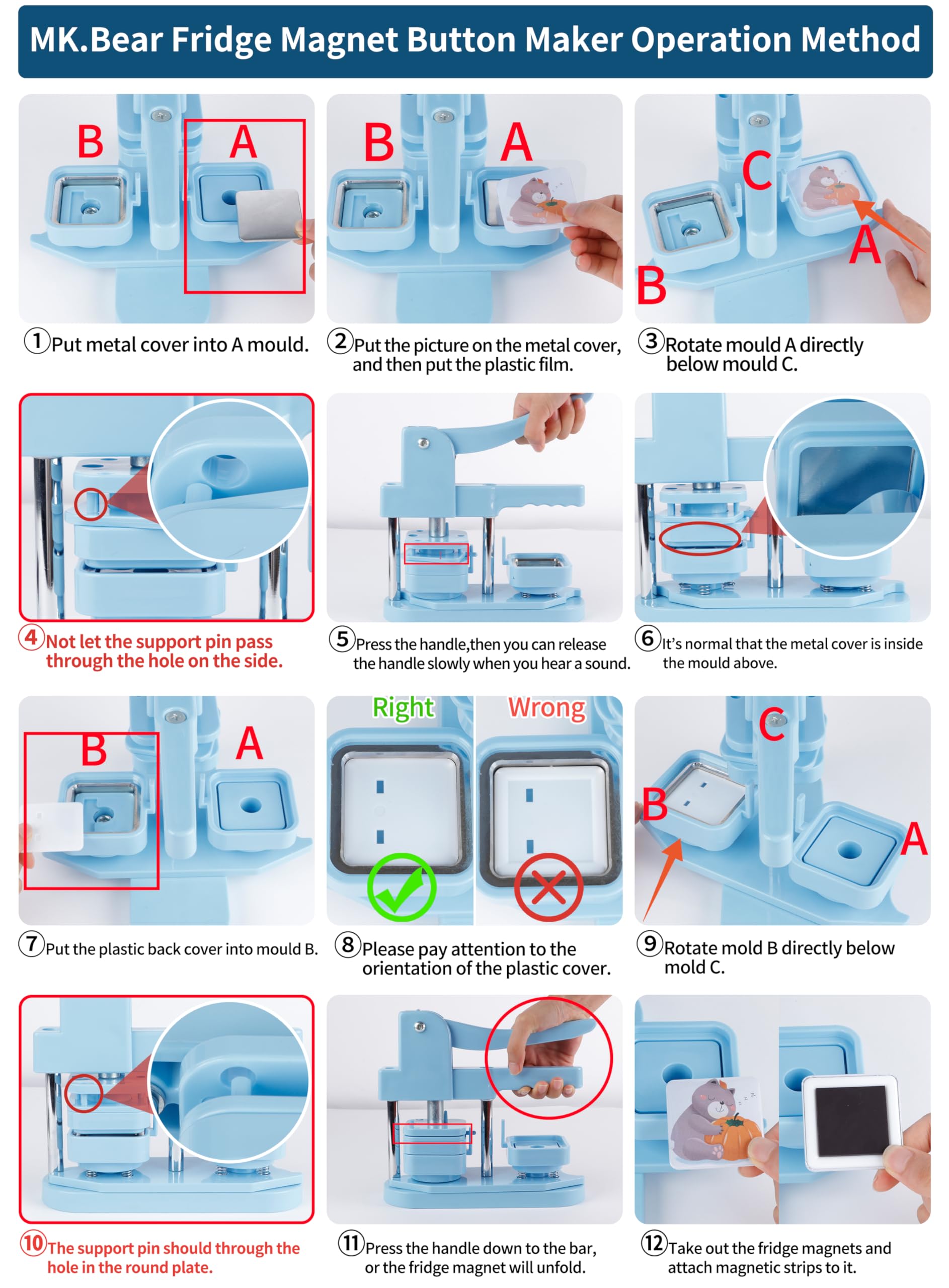 DIY 50mm (1.97 inch) Square Button Maker Machine Kit - Refrigerator Magnet Press with 100 Pcs Supplies for Custom Fridge Magnets, Pins & Badges - Perfect for Home Decor, Office Organization & Craft Projects