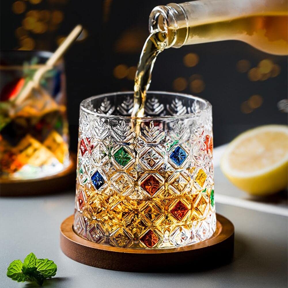 360° Rotatable Whiskey Glasses Set - 9.2oz Hand-Painted Old Fashioned Rock Glasses with Wood Coasters - Unique Rotating Drinking Glasses for Whiskey, Wine & Cocktails - Perfect for Home Bars, Gifts & Entertaining