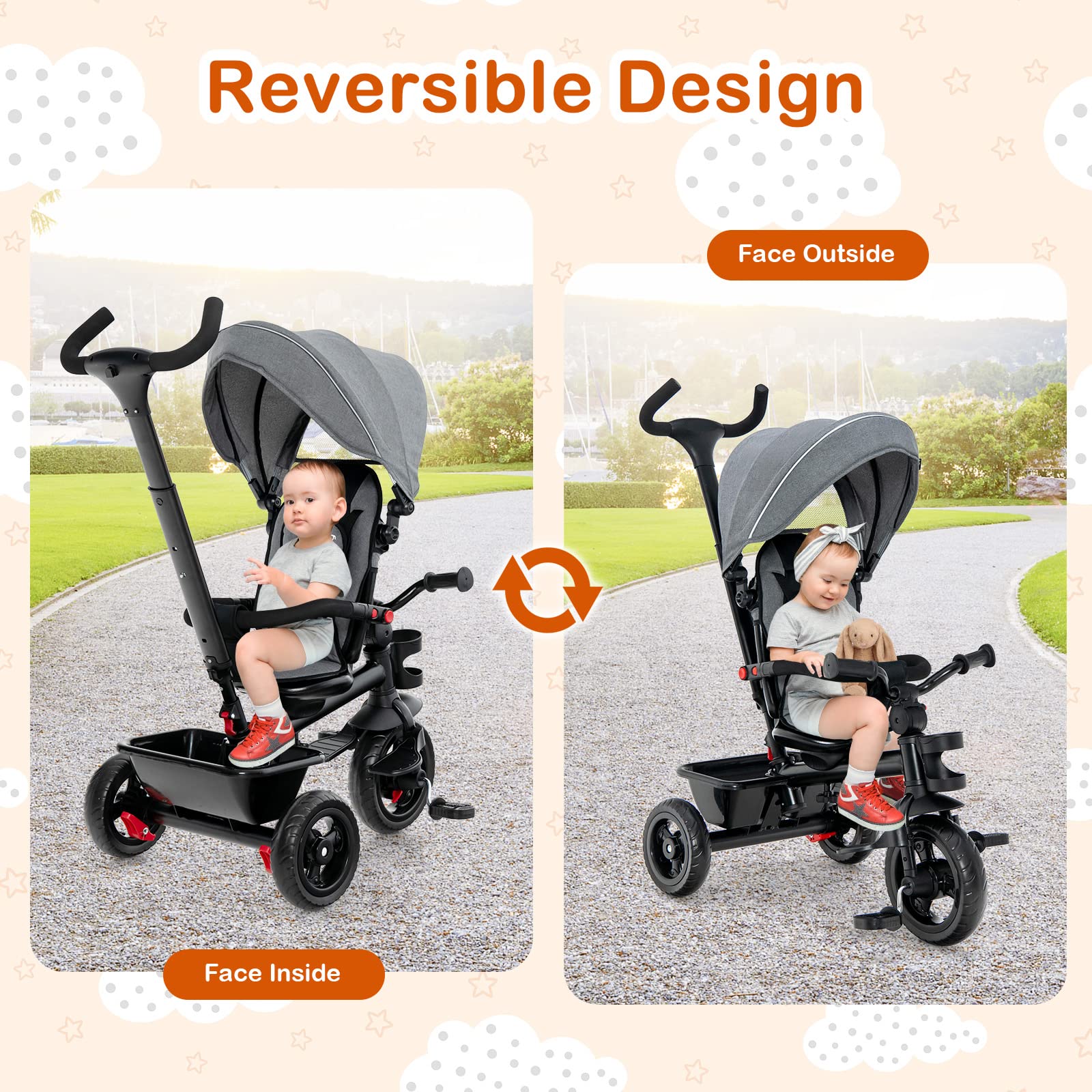 HONEY JOY 5-in-1 Adjustable Baby Tricycle Stroller with Canopy & Push Handle - Reversible Seat, EVA Wheels, Cup Holder & Storage Basket - Toddler Trike for Kids Ages 1.5-5 Years (Gray) - Perfect for Outdoor Walks, Park Visits & Neighborhood Rides