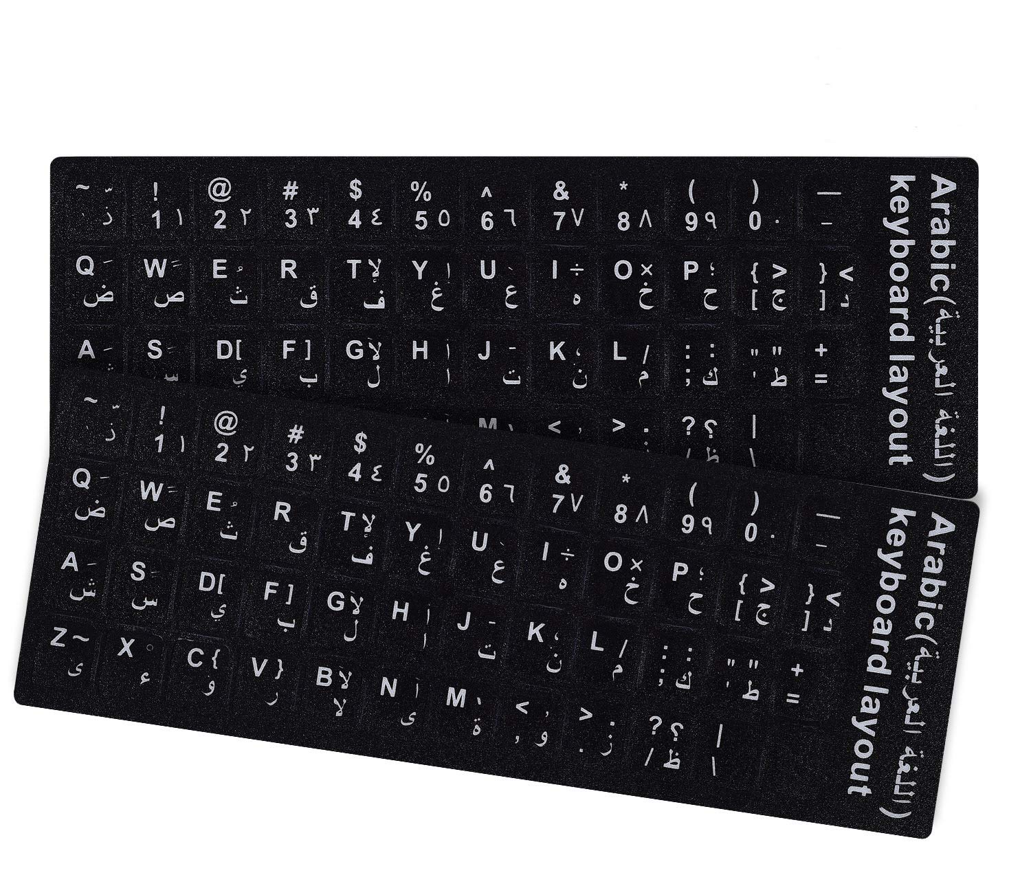 Arabic Keyboard Letter Stickers - Non Transparent Black Background with White Lettering, 2PCS Pack for PC, Laptop, Notebook, Desktop Keyboards - Ideal for Typing in Arabic at Home, Office, or School