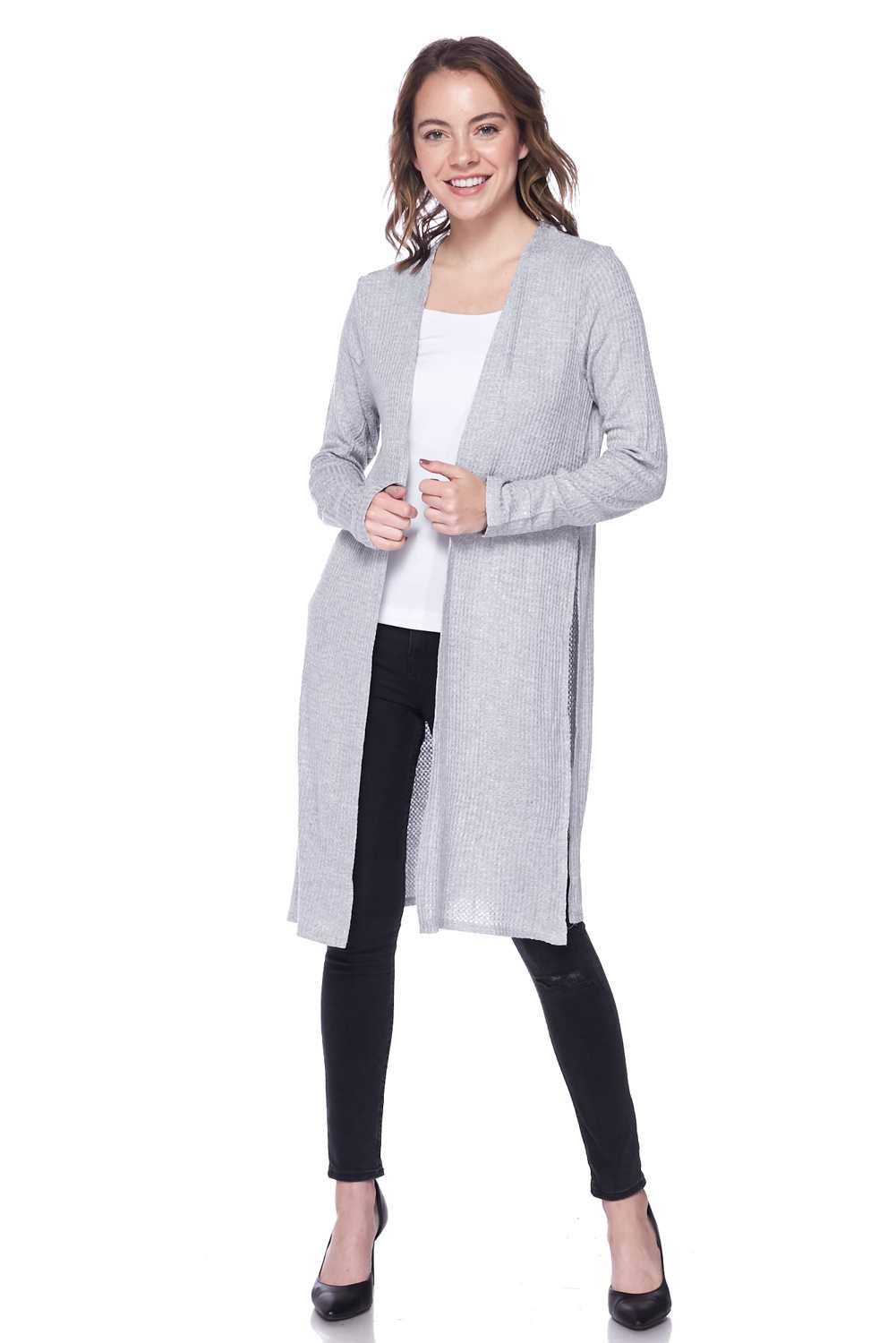 Front Side Vent Waffle Knit Duster Cardigan Gray - Women's Long Open Front Sweater for Casual Wear & Layering