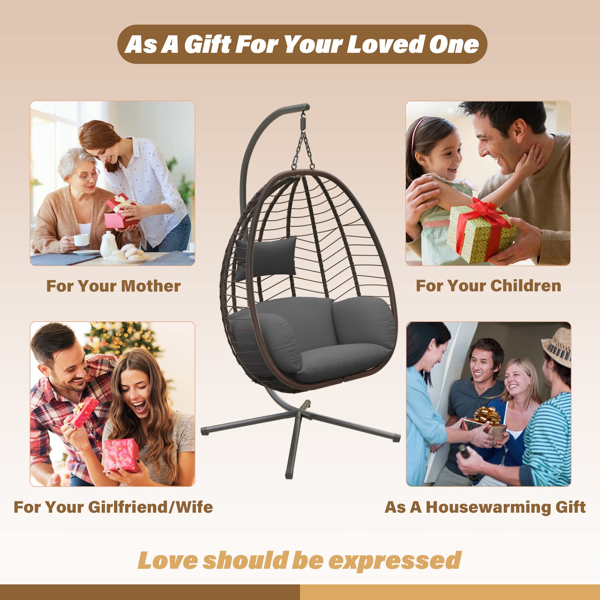 ALAULM Egg Swing Chair - Indoor/Outdoor Wicker Rattan Hanging Chair with Stand, 350lbs Capacity, Sturdy Steel Frame & Gray Cushions - Perfect for Patio, Balcony, Bedroom, Garden & Relaxation Spaces