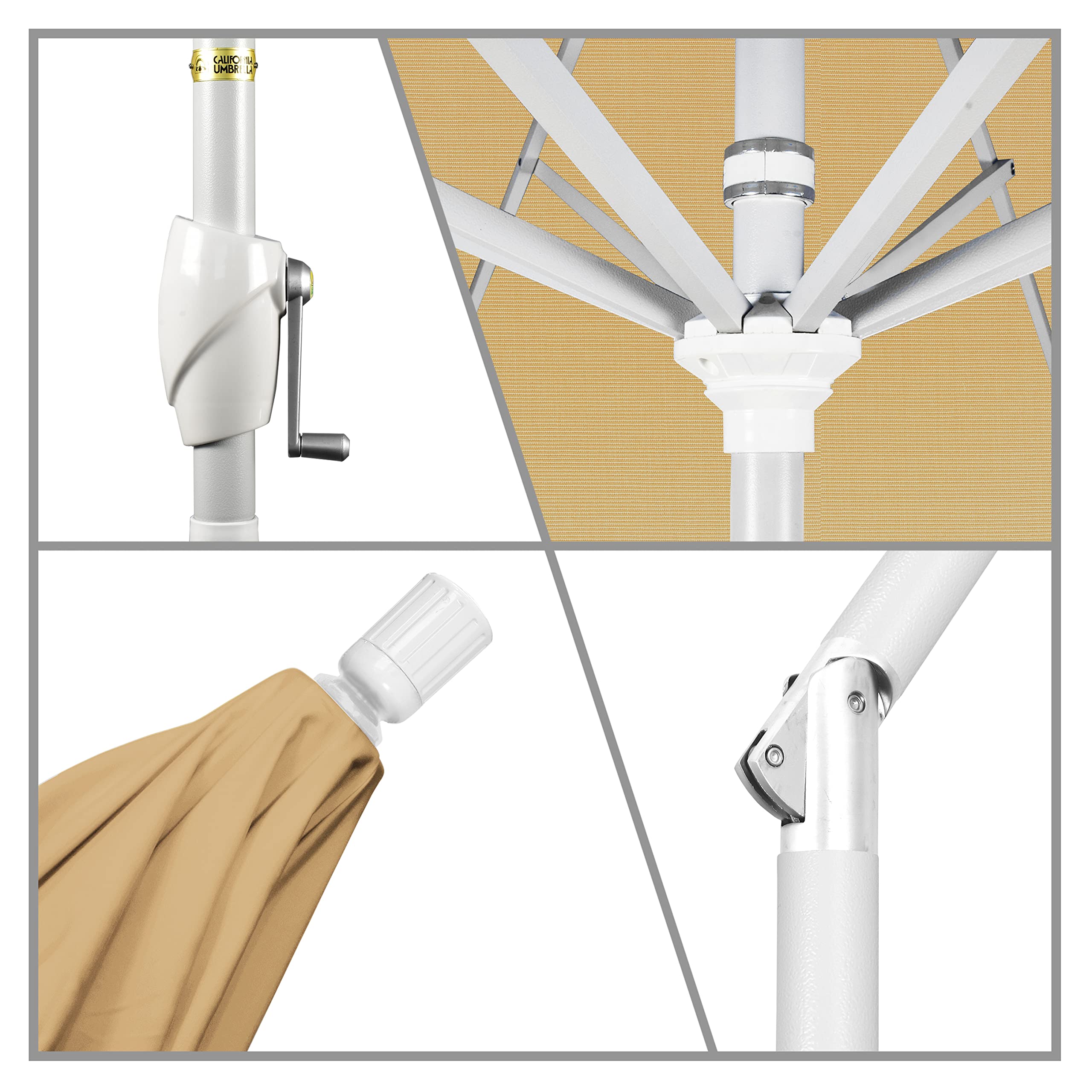 9' Round Aluminum Market Umbrella with Crank Lift & Tilt - White Pole & Wheat Canopy for Patio & Outdoor Dining