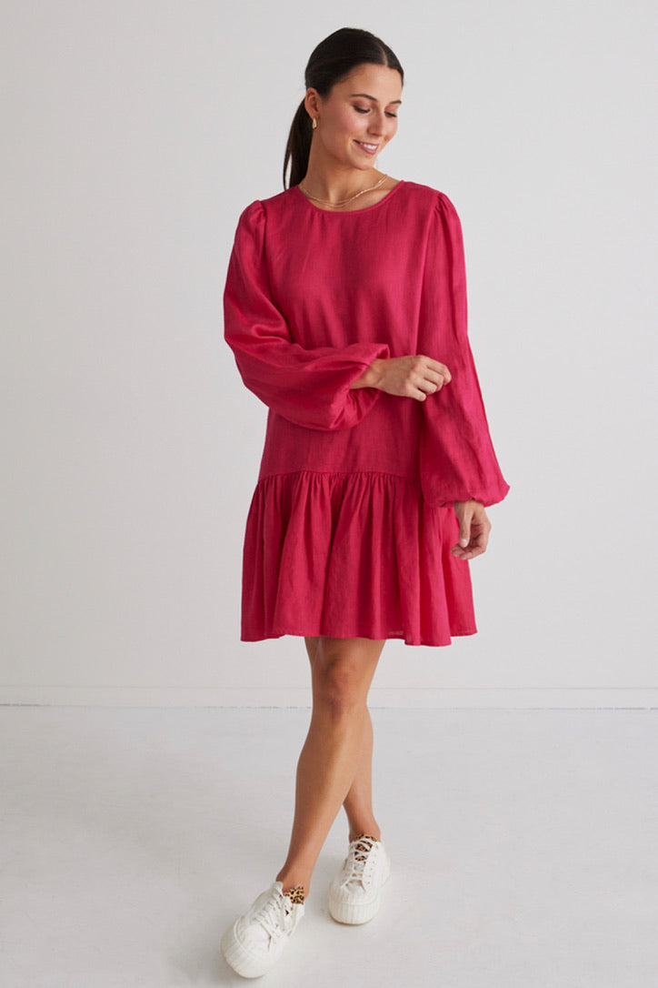 Rhea Raspberry Linen Drop Waist Smock Dress - Women's Flowy Summer Dress for Beach, Vacation & Casual Wear