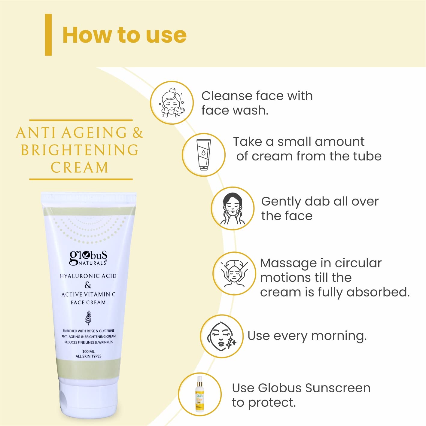Globus Naturals Hyaluronic Acid & Vitamin C Anti-Aging Face Cream with Rose & Glycerin - Skin Brightening & Hydrating Formula for Wrinkles & Dull Skin - 100ml (Pack of 1) - Perfect for Daily Skincare Routine & Nighttime Moisturizing