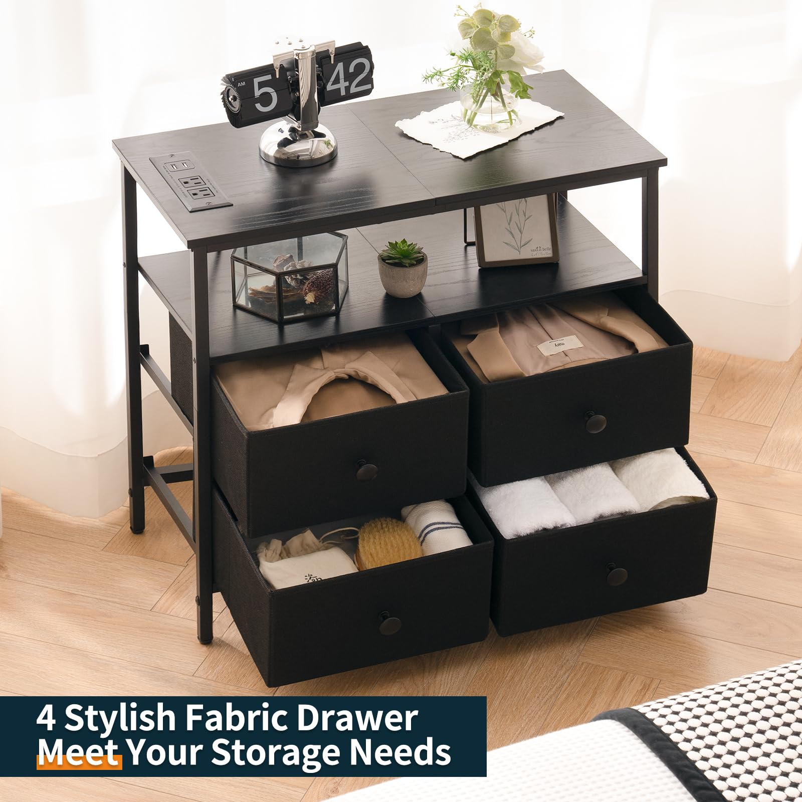 Yoobure Night Stand with USB Charging Station - 4 Drawer Bedside Table with LED Light & Storage Shelf - Wooden End Table for Bedroom, Living Room, Office (Black) | Perfect for Small Spaces, Apartment Furniture & Modern Home Decor