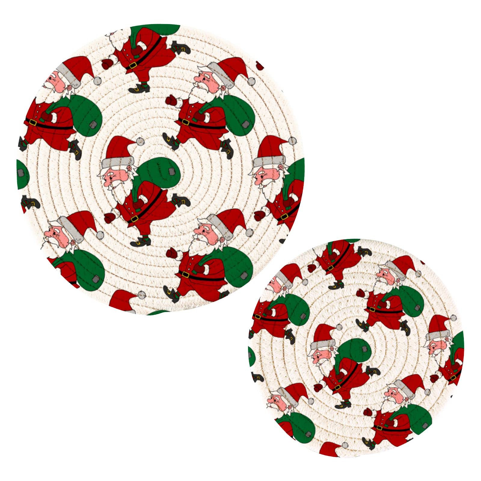 Christmas Santa Claus Pot Holders Set of 2 - Heat Resistant Round Cotton Kitchen Hot Pads for Cooking & Baking - Perfect Holiday Home Decor & Gift Idea