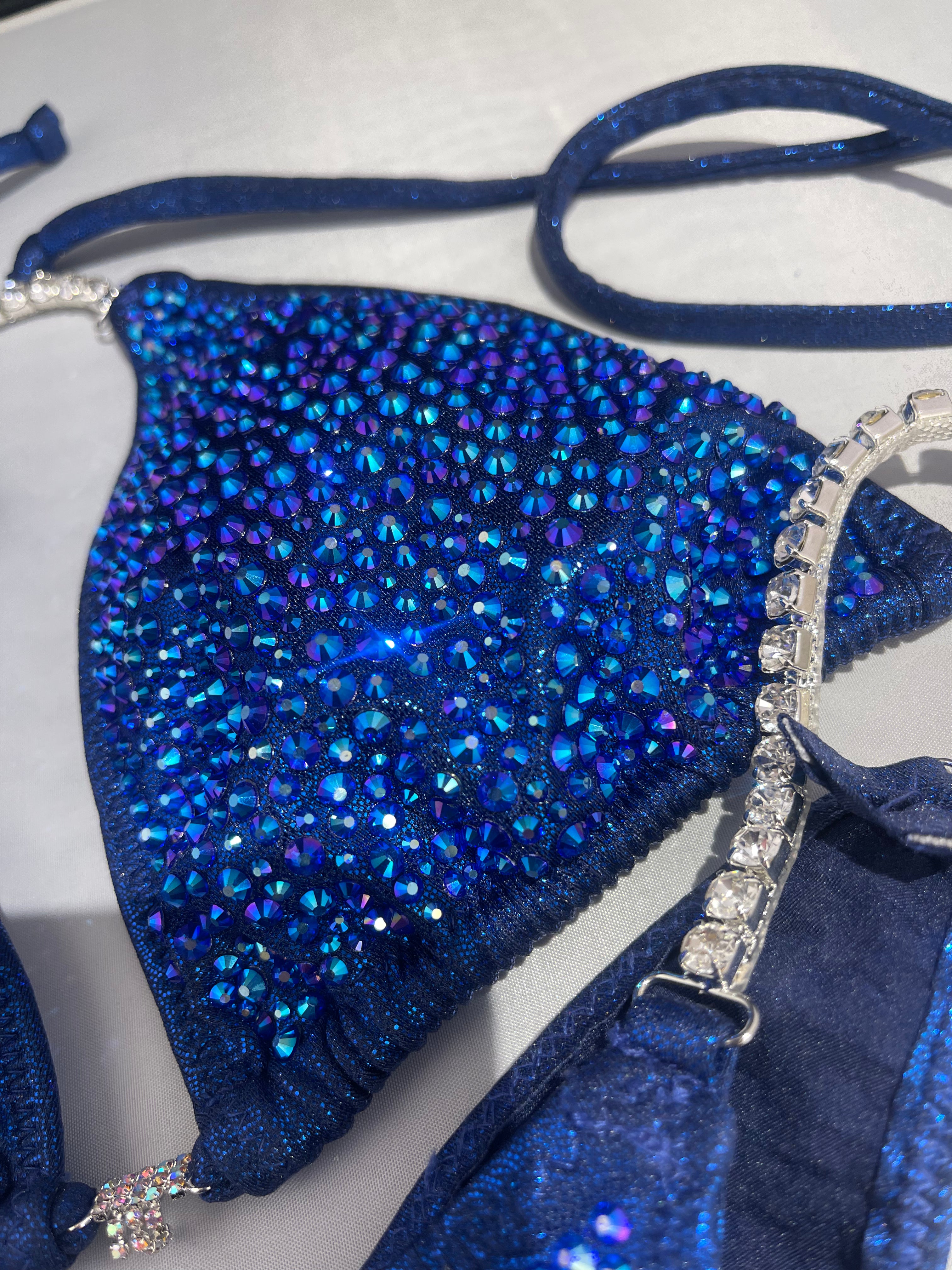 Royal Blue Bikini Competition Suit with Crystal Layers & Colored Stones - High Cut Swimsuit for Bodybuilding, Fitness Shows & Beachwear