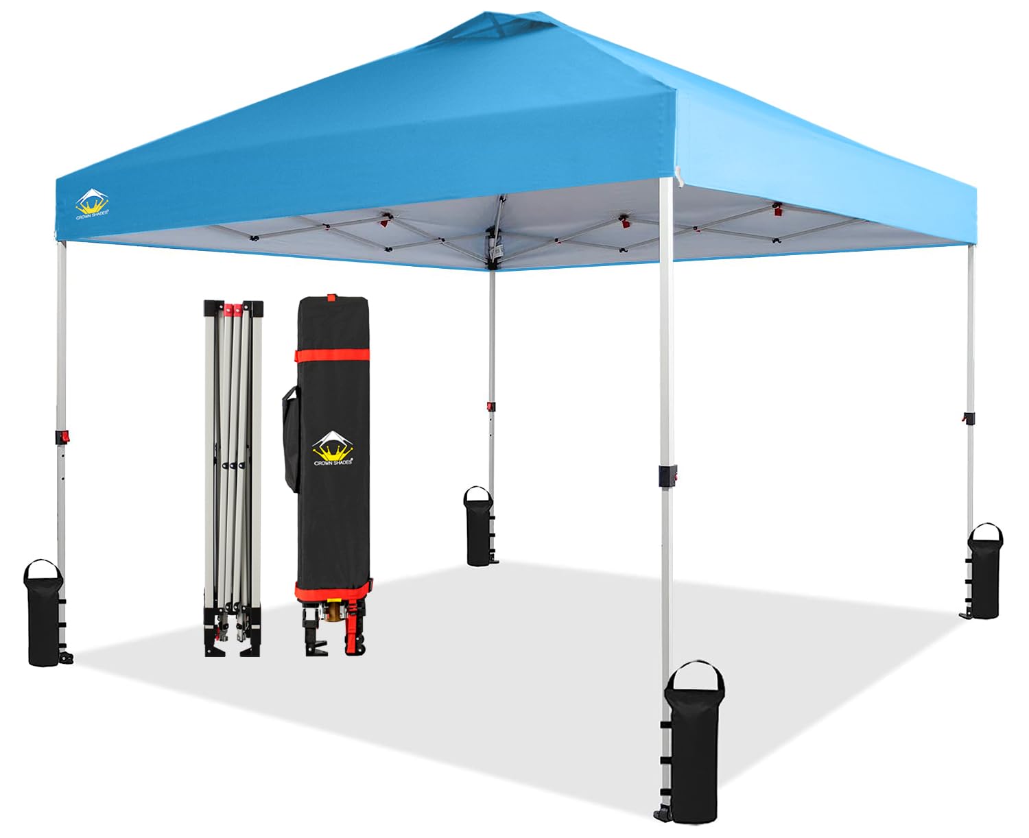 Crown Shades 10x10 Pop Up Canopy Tent - Instant One Push Setup Gazebo with Silver Coated Top - Portable Outdoor Sun Shade for Beach, Camping, Parties & Events - Includes STO-N-Go Cover Bag, 3 Adjustable Heights & 4 Sand Bags - Perfect for Backyard BBQs, Tailgating and Outdoor Weddings (Sky Blue)