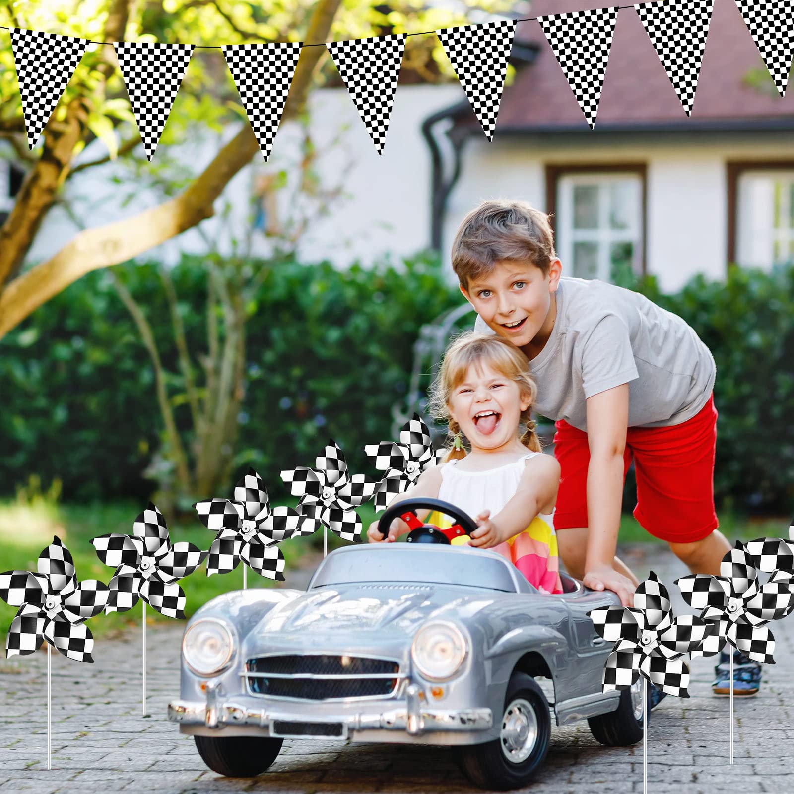 25 Pcs Black and White Checkered Flag Pinwheels - Race Car Party Supplies for Kids & Adults - Windmill Wind Spinners for Birthday, Yard Decoration - Perfect for Racing Themed Parties, Outdoor Events, and Backyard Decor
