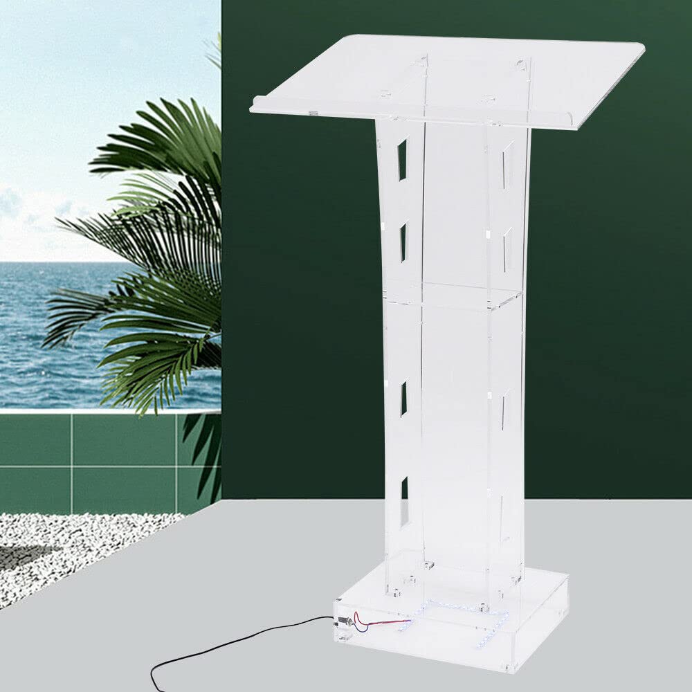 Clear Acrylic Podium Stand with LED Light - Portable Lectern for Restaurants, Weddings, Office & Classrooms - Perfect for Presentations, Speeches, and Events