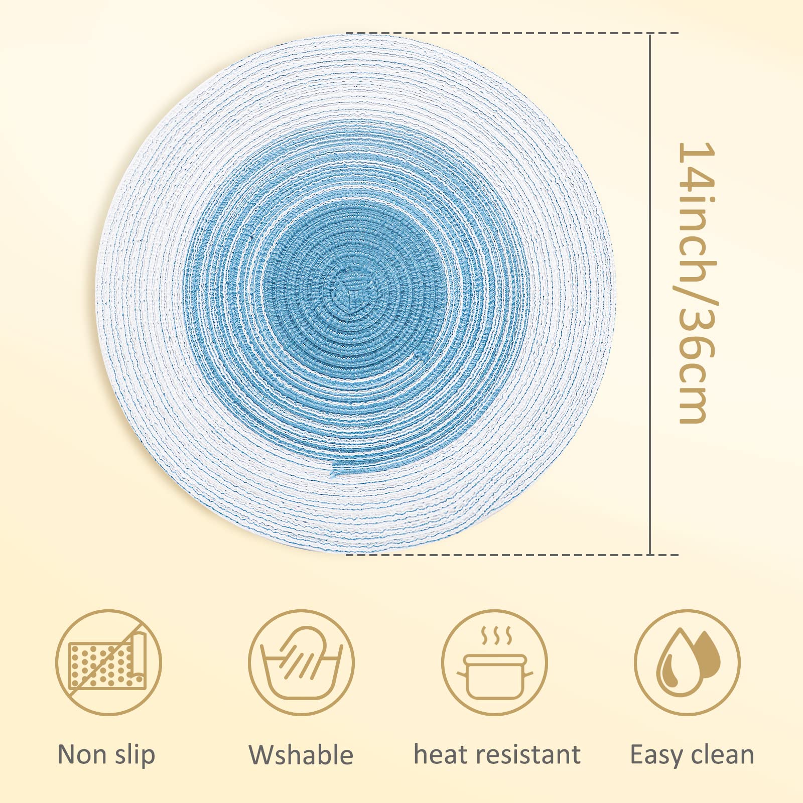 Round Braided Placemats Set of 6 - 14 Inch Washable Kitchen Table Mats in Light Blue - Perfect for Dining, Parties, and Home Decor