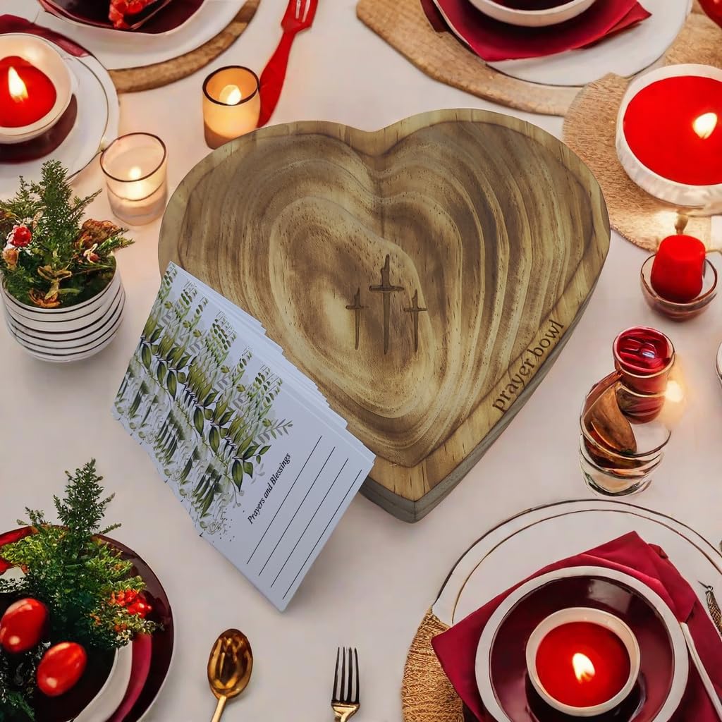 Christian Heart Prayer Bowl with Cards - Natural Wooden Prayer Dough Bowl for Women, Religious Home Decor & Devotional Gifts - Perfect for Daily Prayers, Bible Study & Spiritual Meditation