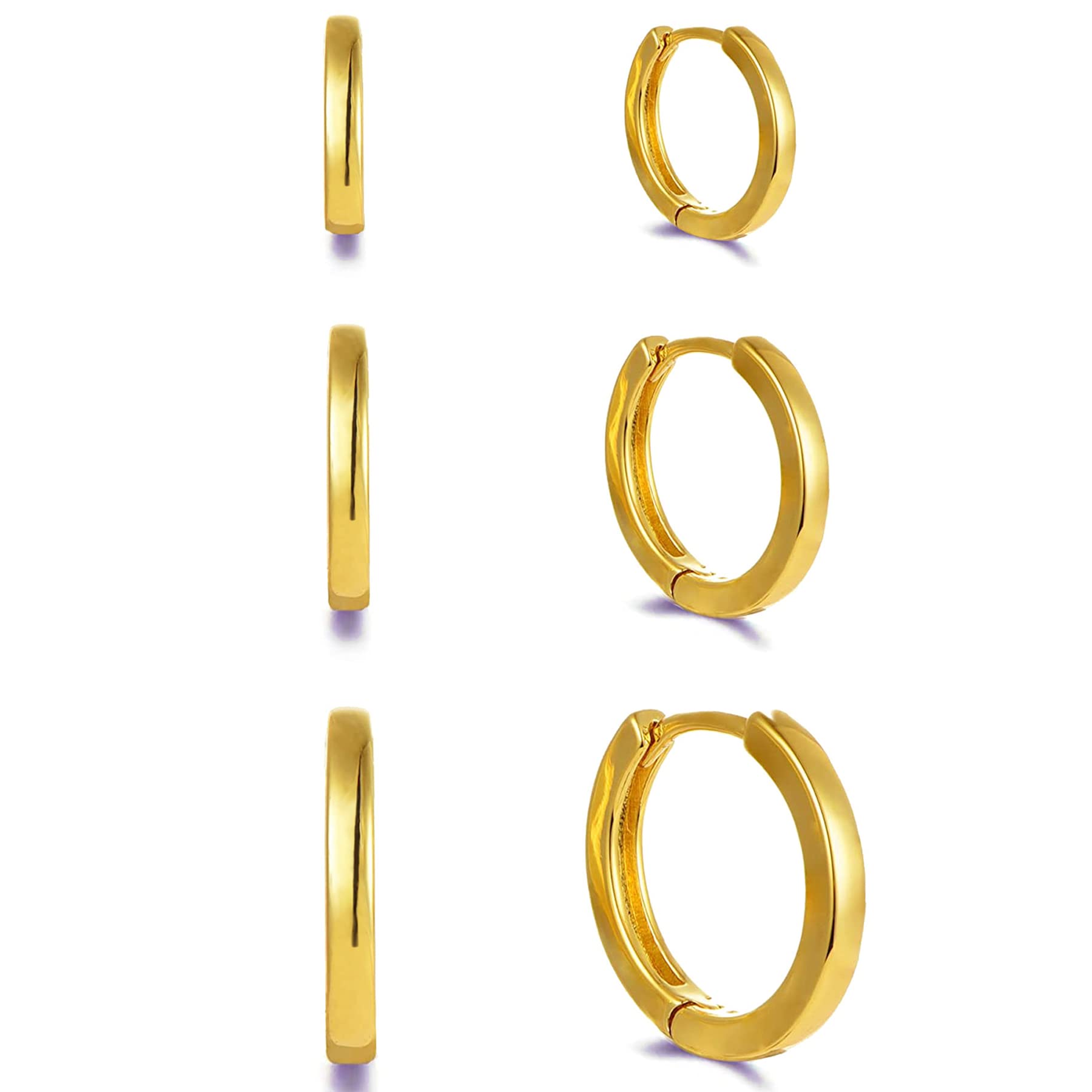 3 Pairs Small Huggie Hoop Earrings for Women & Men - 14K Gold Cartilage Earrings Set (6mm/8mm/10mm) | Hypoallergenic Tiny Hoop Earrings for Everyday Wear, Work & Special Occasions