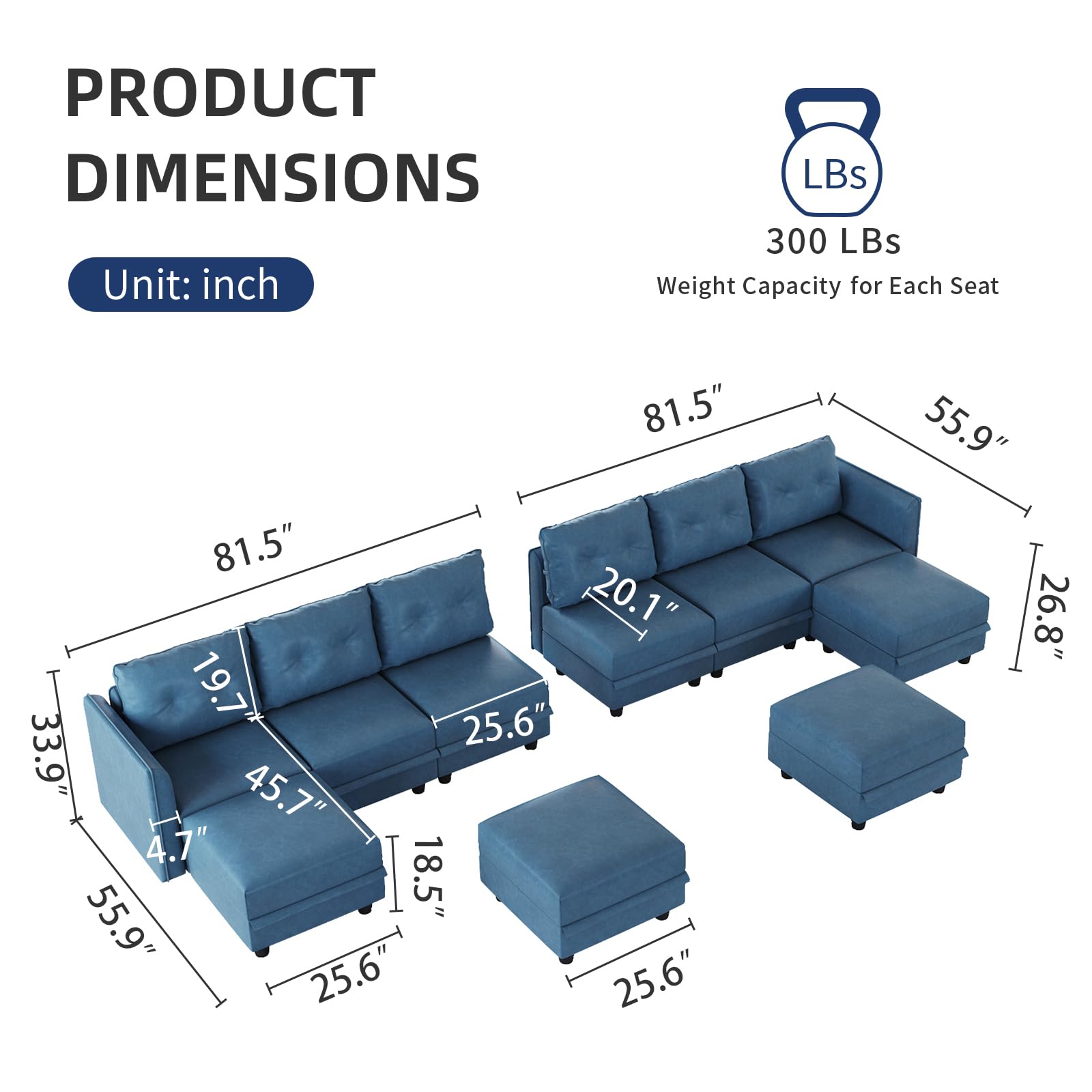 LLappuil 10-Seater Modular Sectional Sofa - U-Shaped Convertible Couch with Reversible Chaise & Ottoman, Navy Blue Faux Leather Fabric, Modern Living Room Furniture for Large Family Gatherings & Home Theater