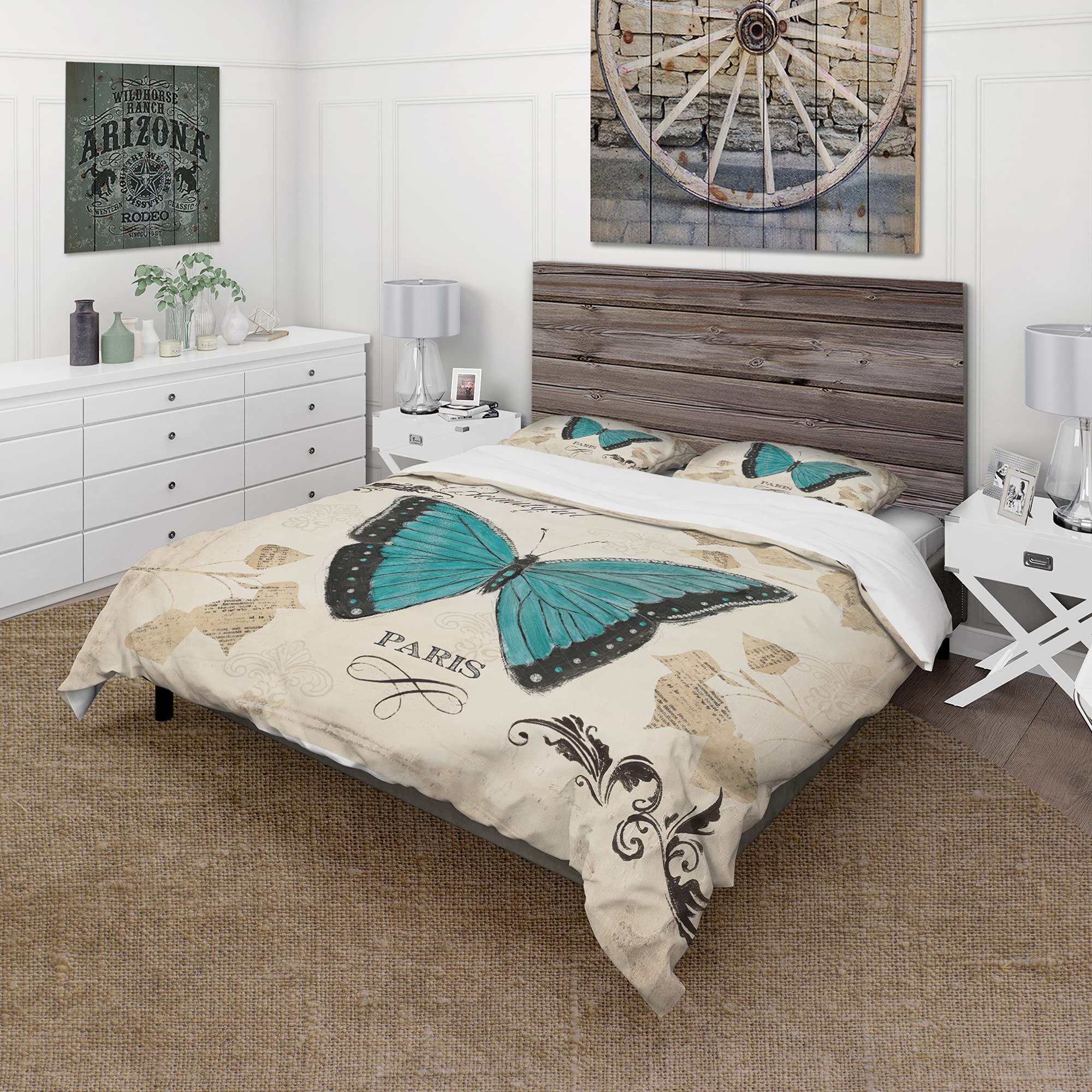 DesignQ Blue Farmhouse Butterfly Duvet Cover Set - Queen Size 3-Piece All Season Bedding with Animal Print | Cozy Farmhouse Style for Bedroom Decor