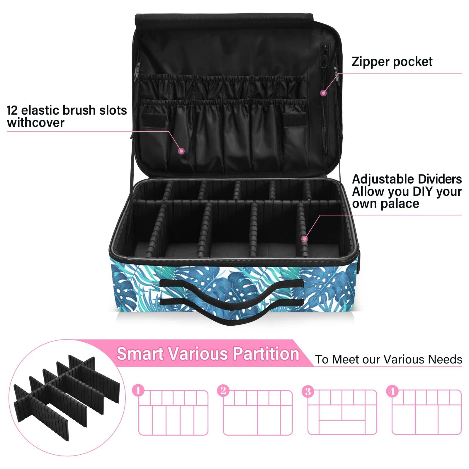 Blue Tropical Leaves Makeup Bag for Women - Travel & Cosmetic Organizer