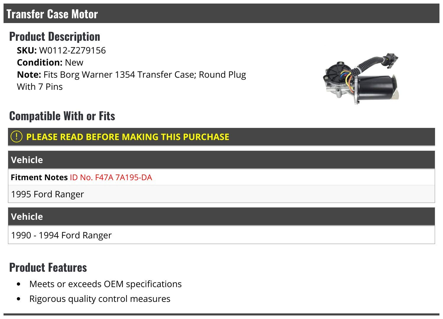 Transfer Case Motor - Round Plug with 7 Pins - Compatible with 1990-1995 Ford Ranger 4x4 - Replacement Part for Off-Road & Truck Maintenance