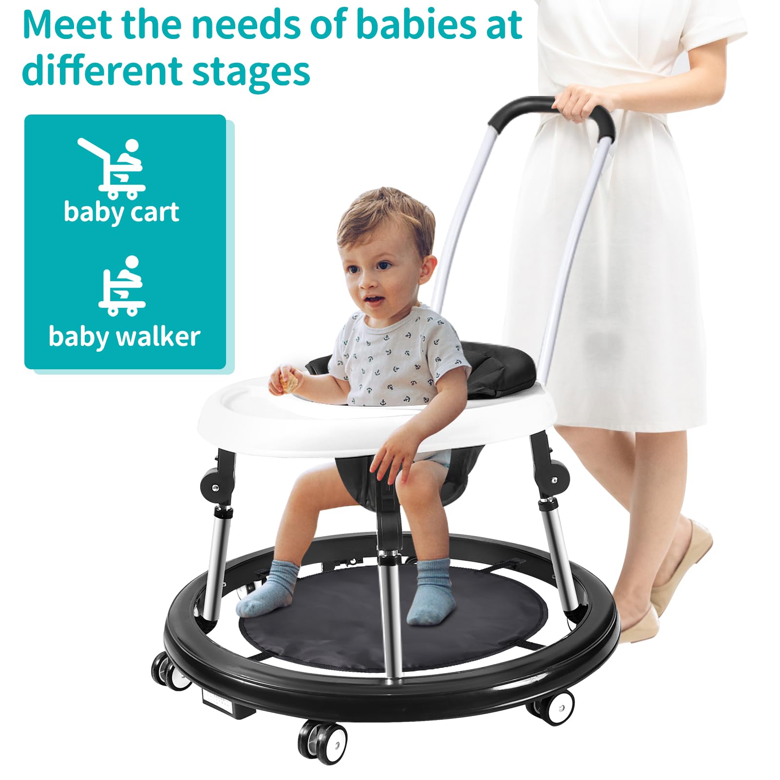 3-in-1 Foldable Baby Walker with Mute Wheels & Anti-Rollover Design - Adjustable 9-Gear Height for 6-18 Months Boys & Girls - Push Handle & Footrest Included - Perfect for Learning to Walk & Indoor Playtime