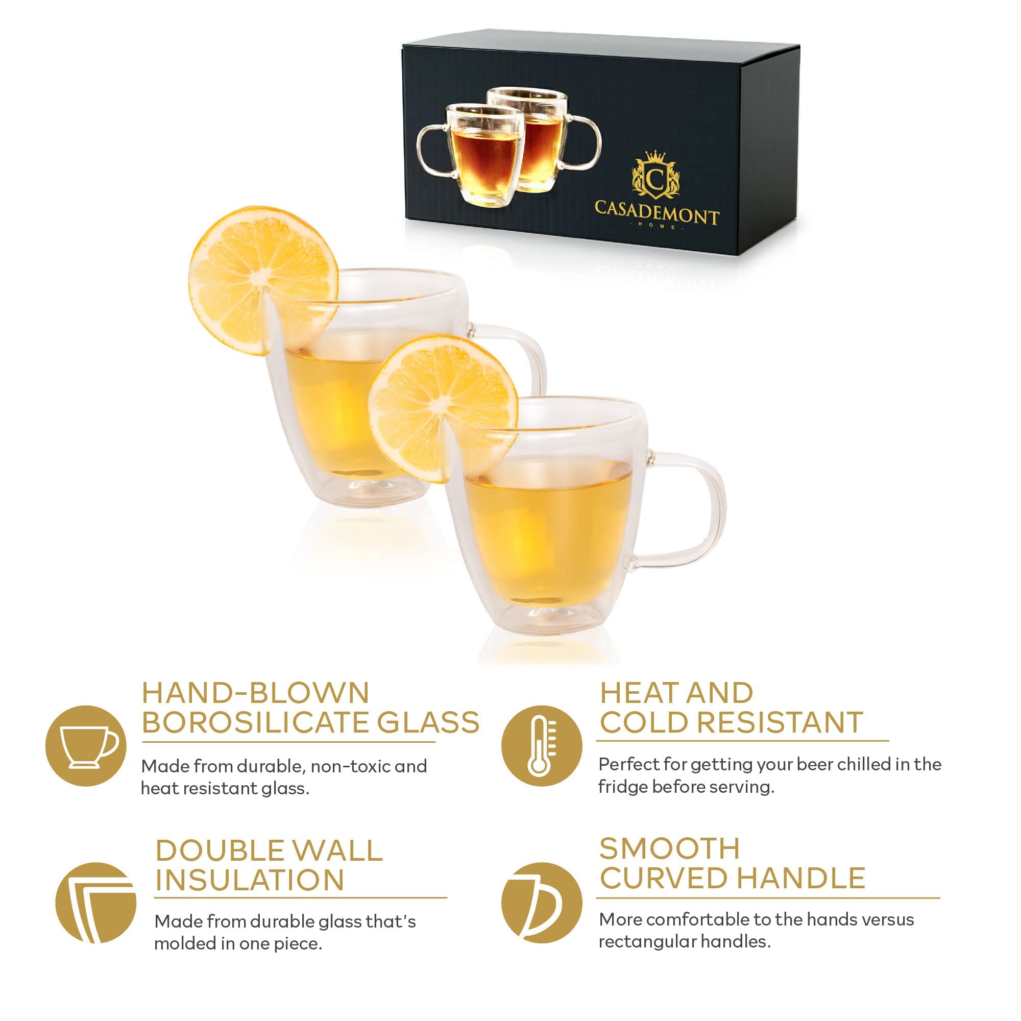 Double Wall Glass Tea Cup Set of 2 - 5.4oz (160ml) Borosilicate Heatproof Clear Teacups with Handle - Small Espresso Cups for Tea, Coffee & Hot Drinks - Perfect for Home, Office & Cafe Use