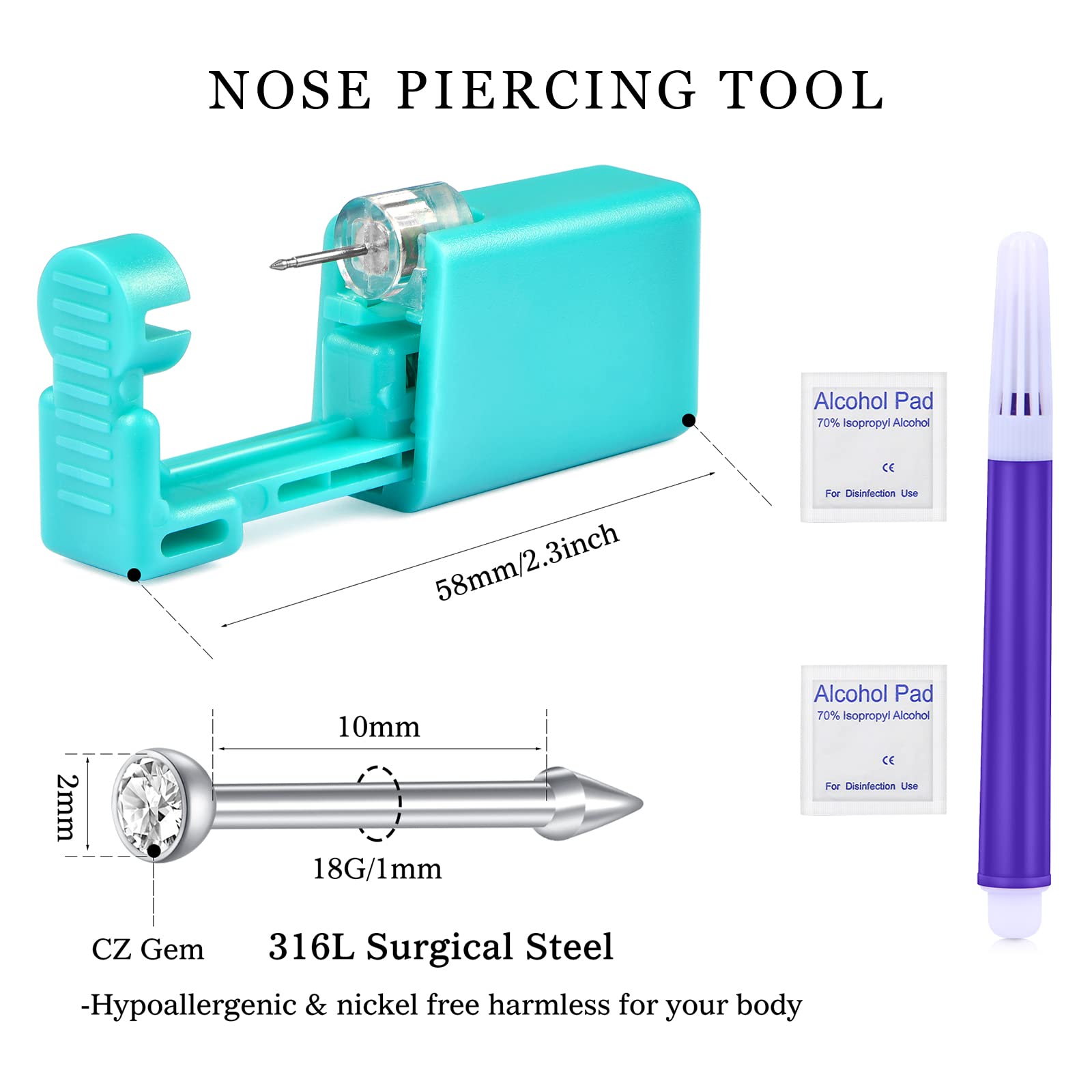 JIESIBAO Professional Nose Piercing Kit - 18G Disposable Self Piercing Gun with Surgical Steel CZ Nose Rings & Screw Studs - Safe DIY Nose Piercing Tool for Home Use, Parties, and Body Jewelry Enthusiasts