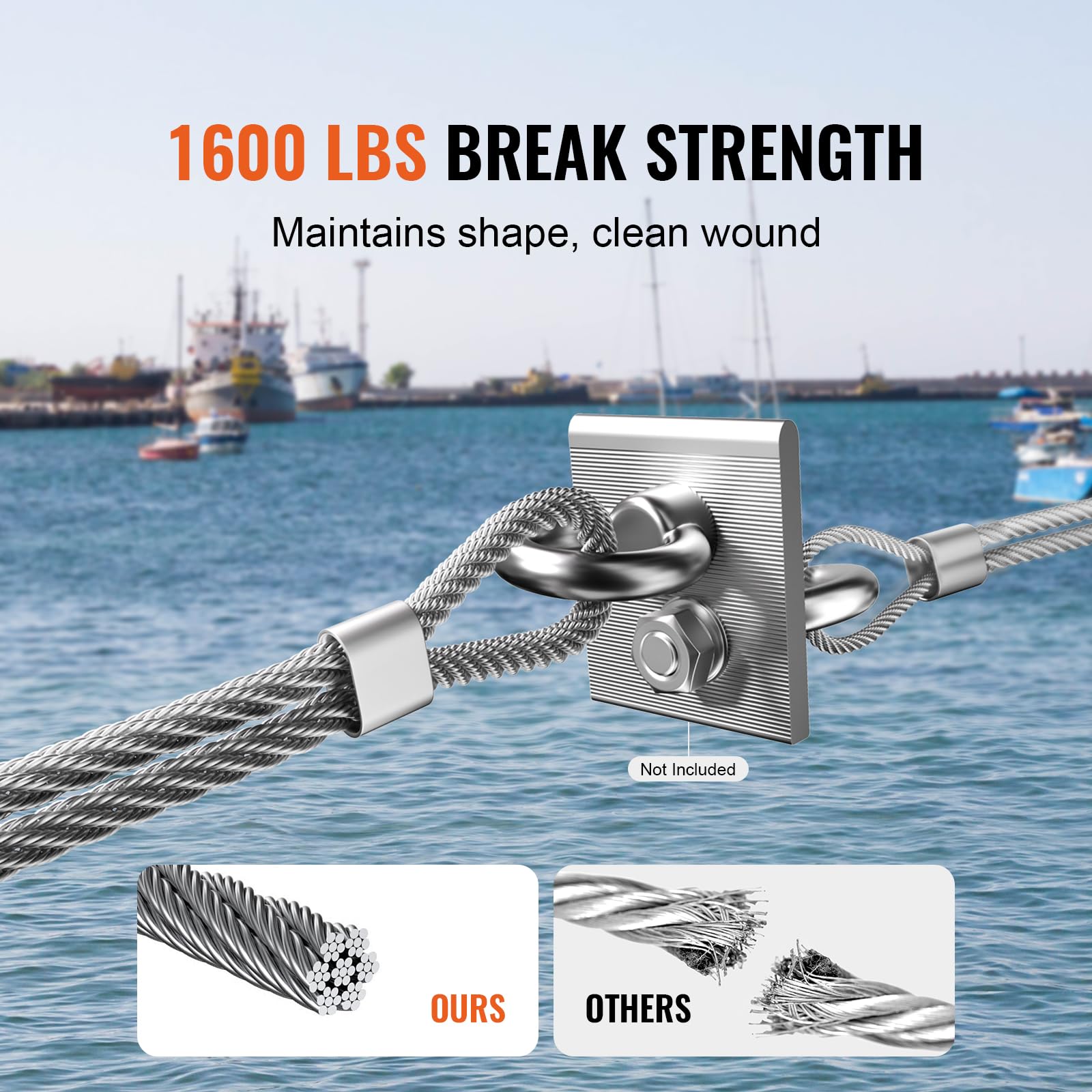 VEVOR 1/8 Inch 7x7 Strand Stainless Steel 316 Cable Railing Kit - 1000 FT Marine Grade Aircraft Cable with Cutter & Gloves, 1600 lbs Breaking Strength - Perfect for Outdoor Handrails, Stair Railings, Decking, Fences & Marine Applications