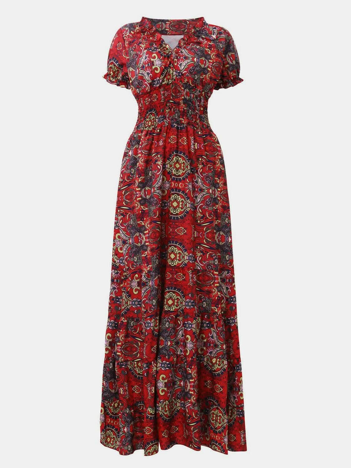 Elegant Smocked V-Neck Dress for Women - Flowy Summer Midi Dress with Ruffles - Perfect for Weddings, Parties & Casual Outings